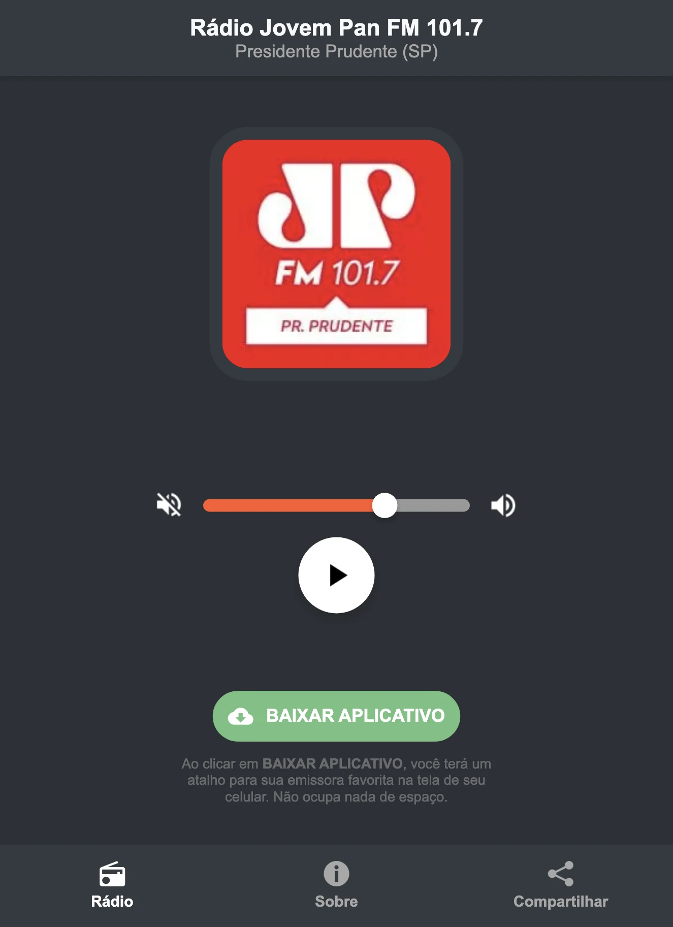 Screenshot do aplicativo da Rádio Jovem Pan FM 101.7