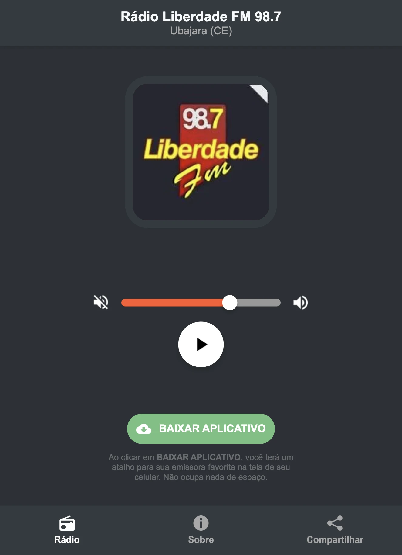 Screenshot do aplicativo da Rádio Liberdade FM 98.7