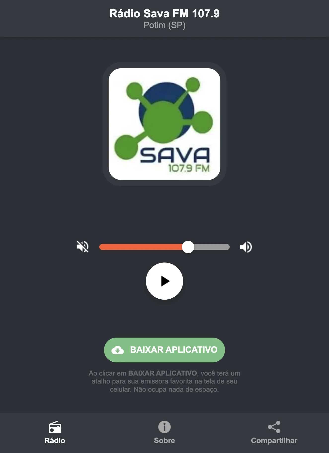Screenshot do aplicativo da Rádio Sava FM 107.9
