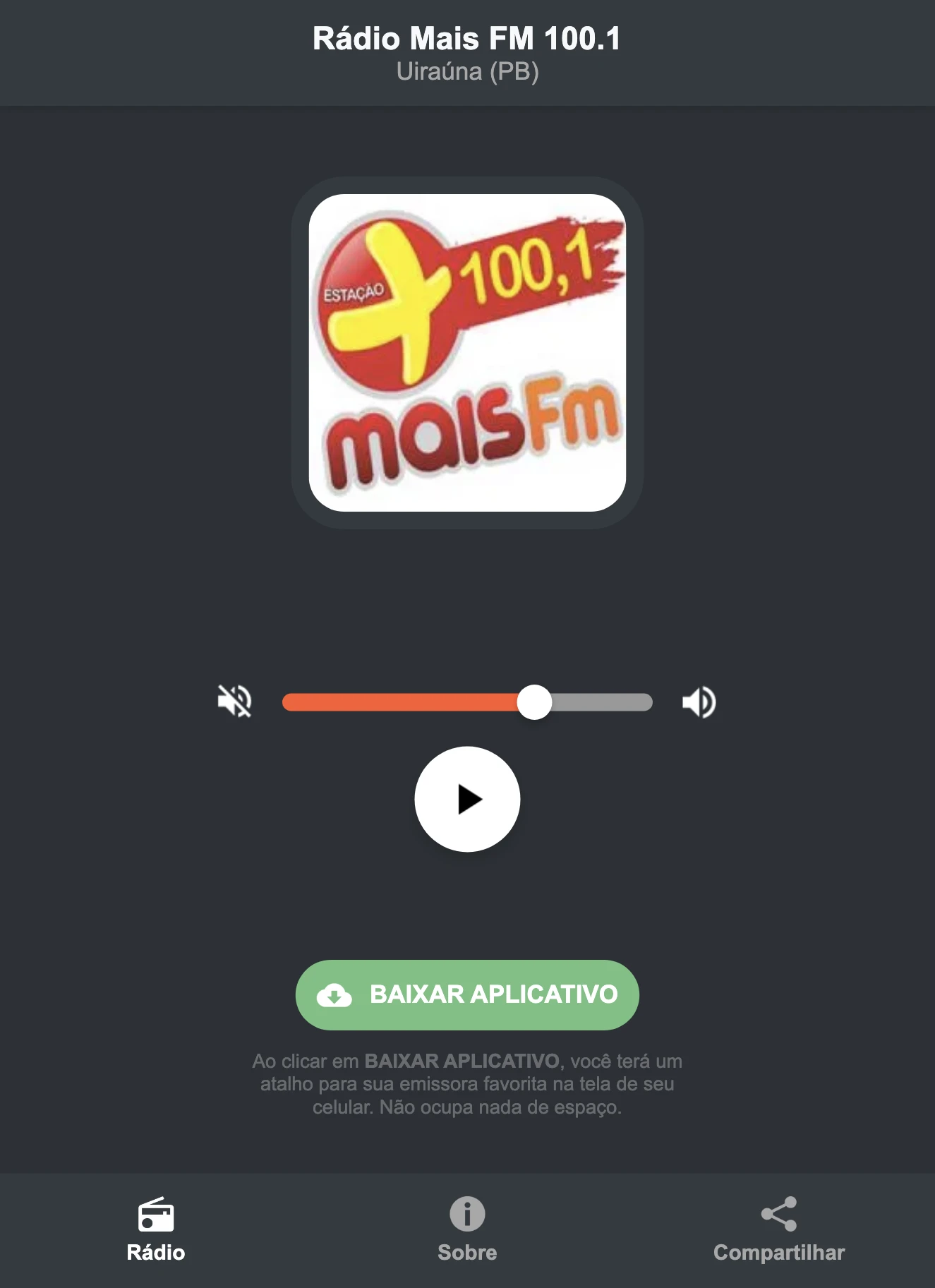 Screenshot do aplicativo da Rádio Mais FM 100.1
