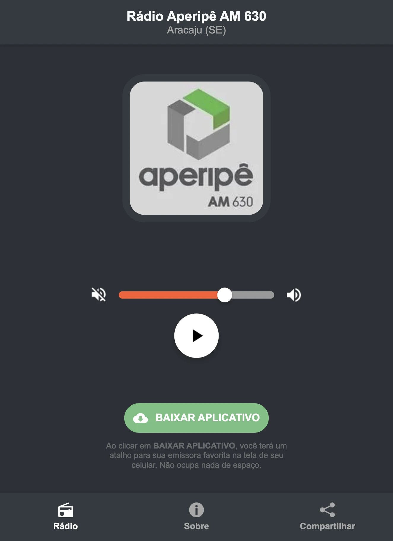Screenshot do aplicativo da Rádio Aperipê AM 630