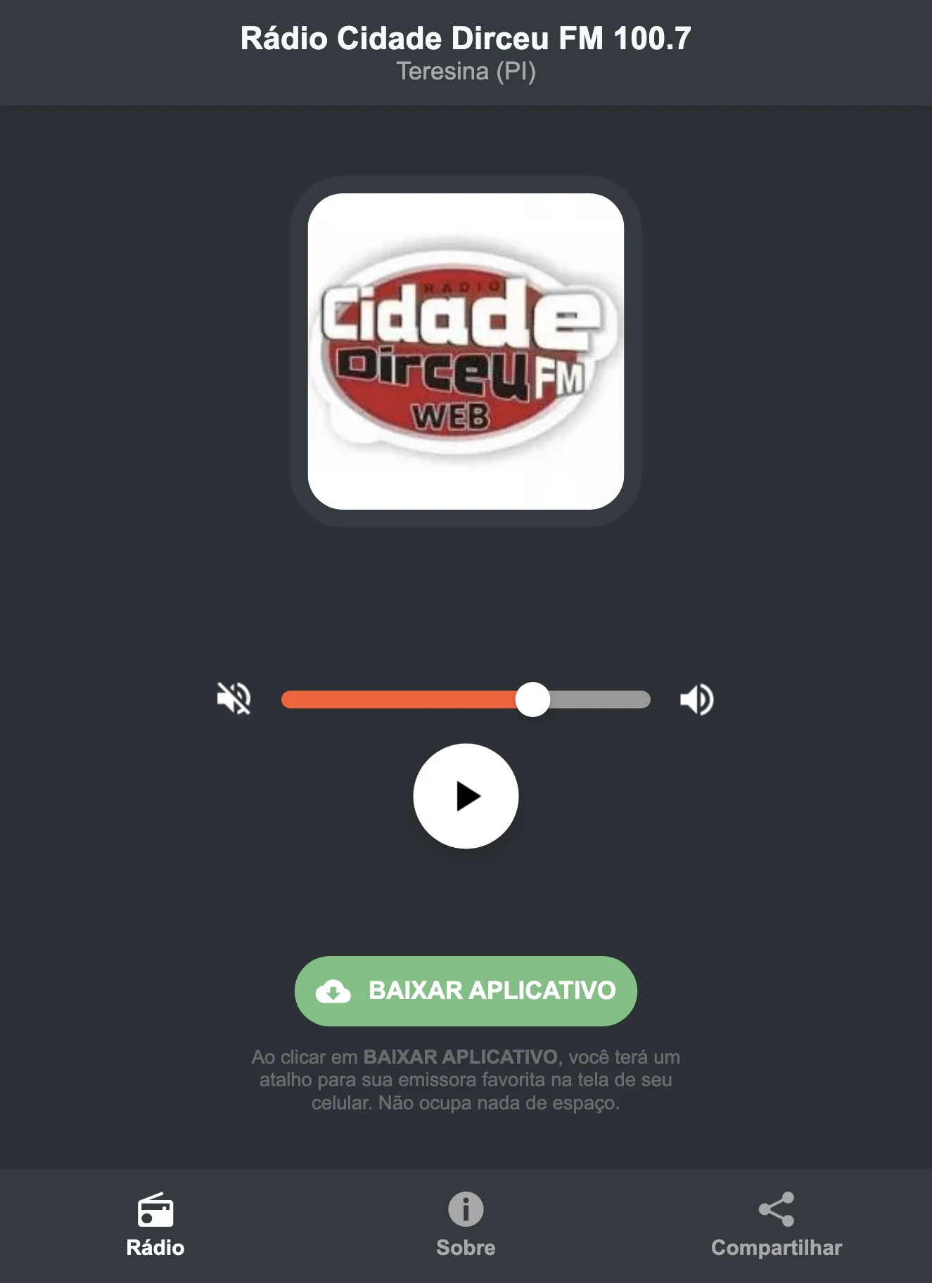 Screenshot do aplicativo da Rádio Cidade Dirceu FM 100.7