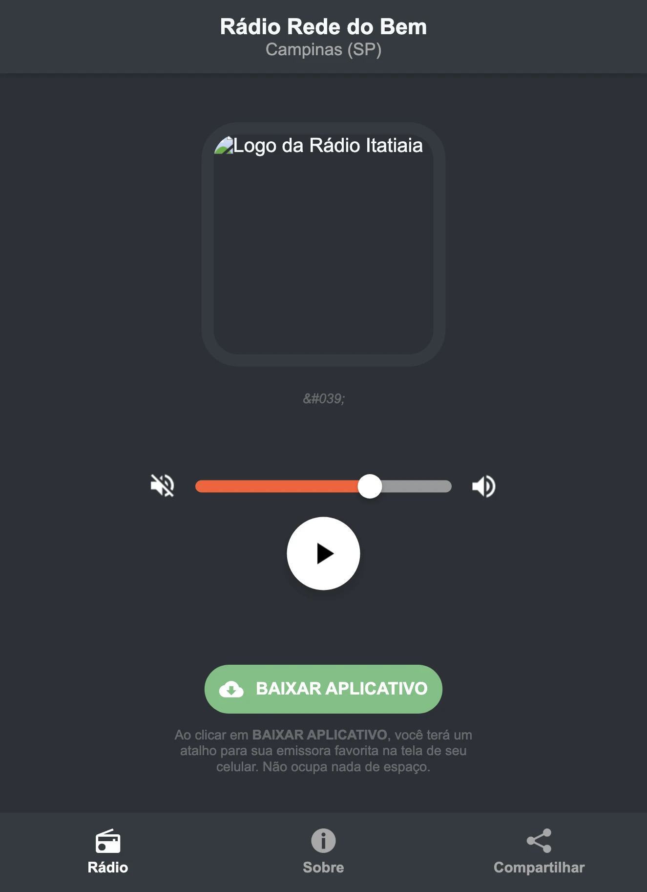 Screenshot do aplicativo da Rádio Rede do Bem