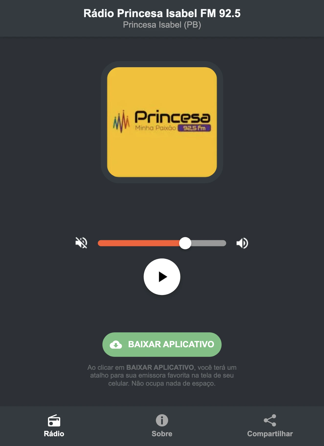 Screenshot do aplicativo da Rádio Princesa Isabel FM 92.5