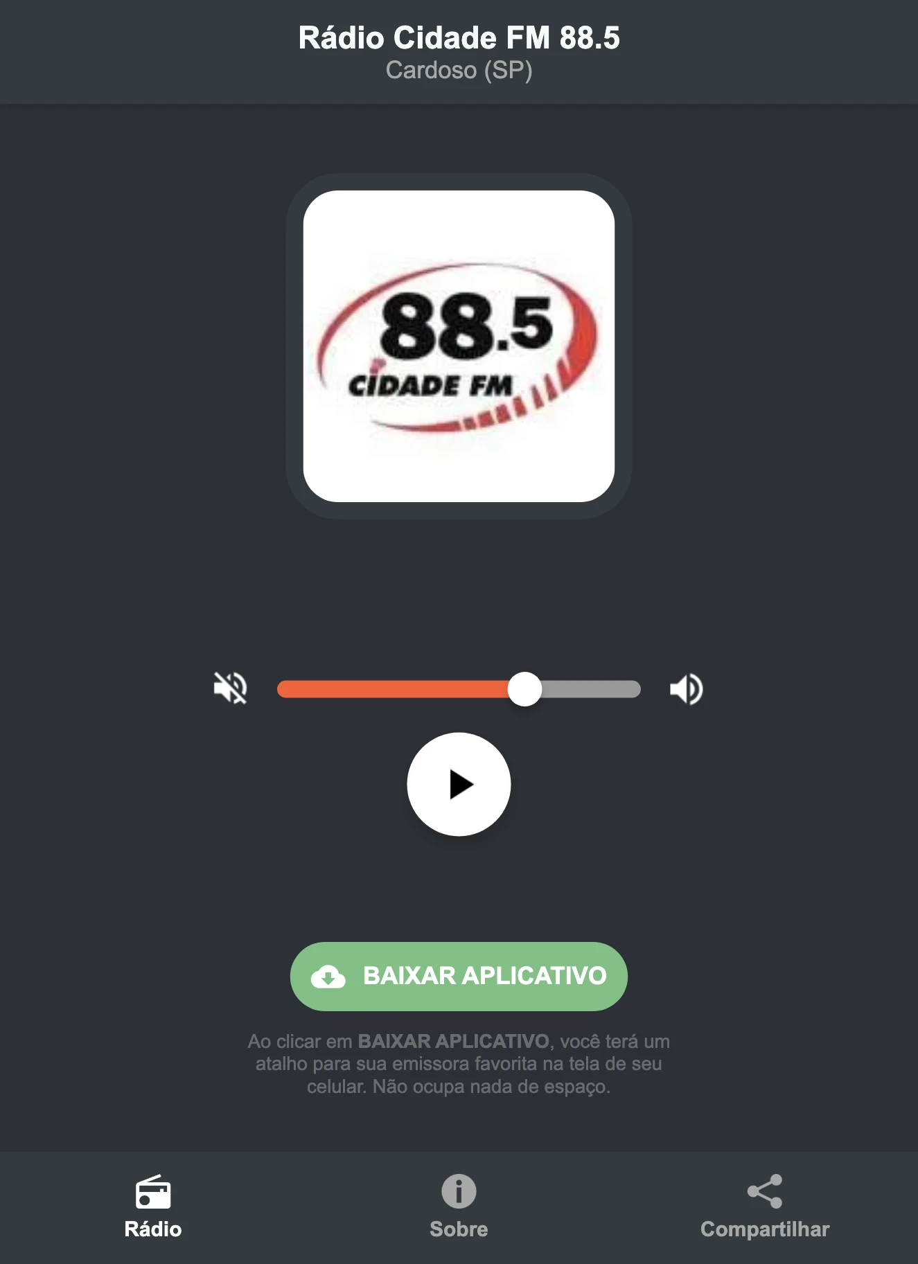 Screenshot do aplicativo da Rádio Cidade FM 88.5