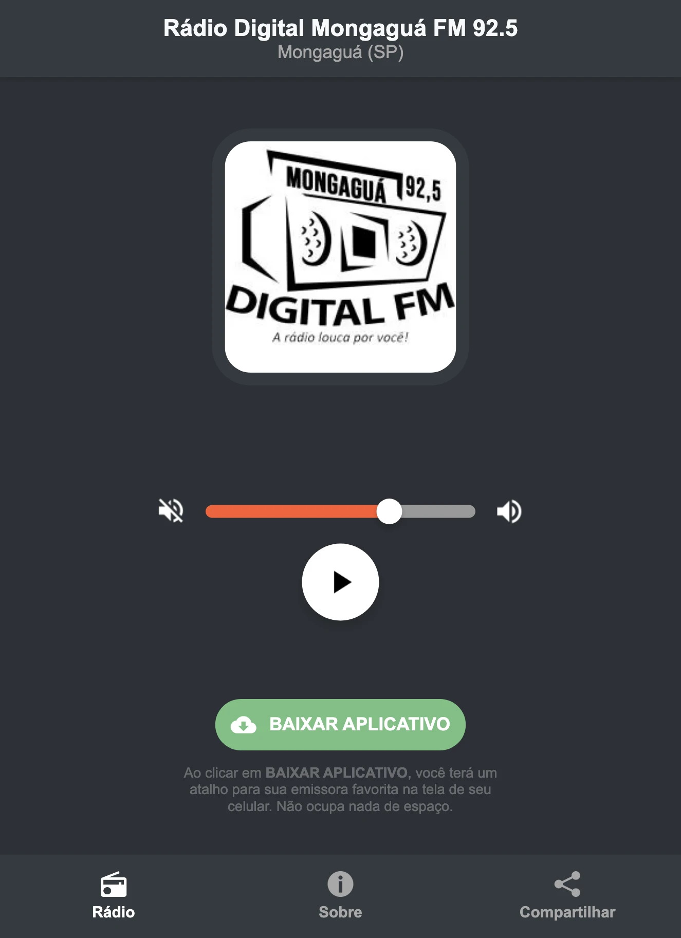 Screenshot do aplicativo da Rádio Digital Mongaguá FM 92.5