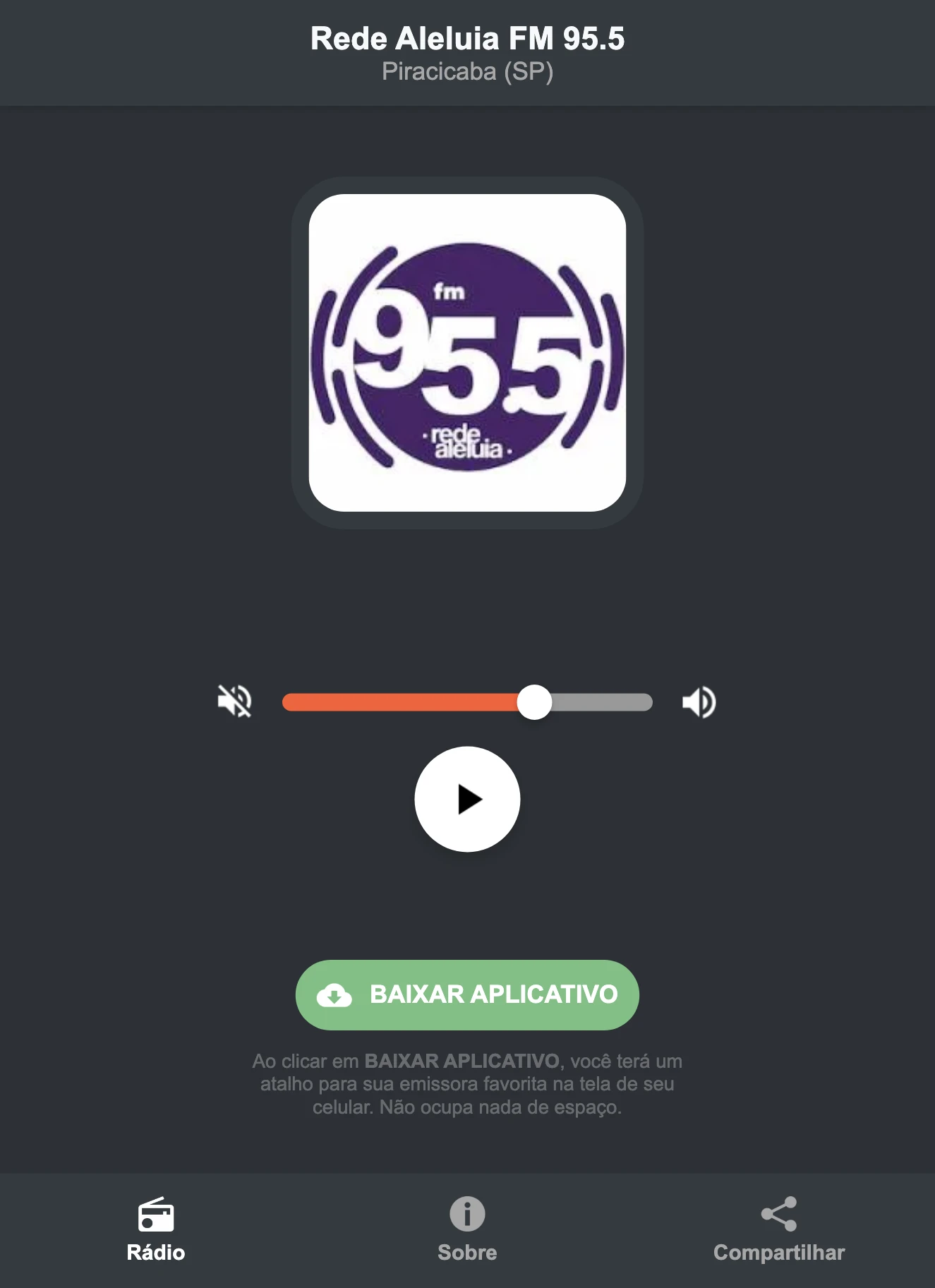 Screenshot do aplicativo da Rede Aleluia FM 95.5