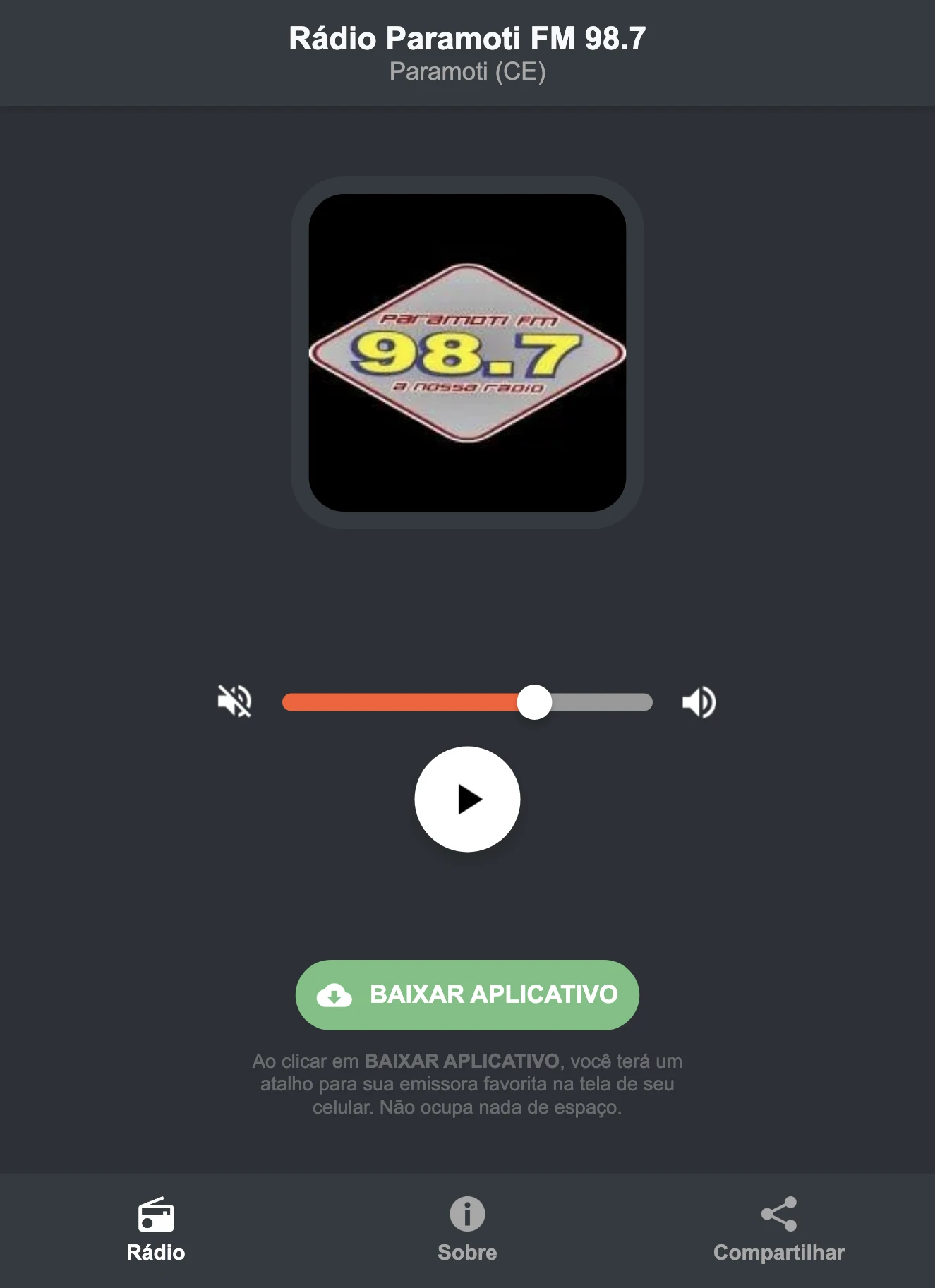 Screenshot do aplicativo da Rádio Paramoti FM 98.7