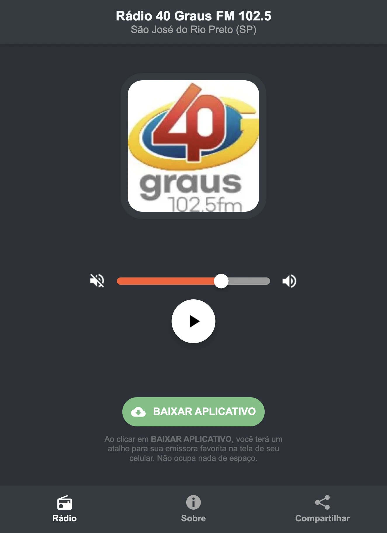 Screenshot do aplicativo da Rádio 40 Graus FM 102.5