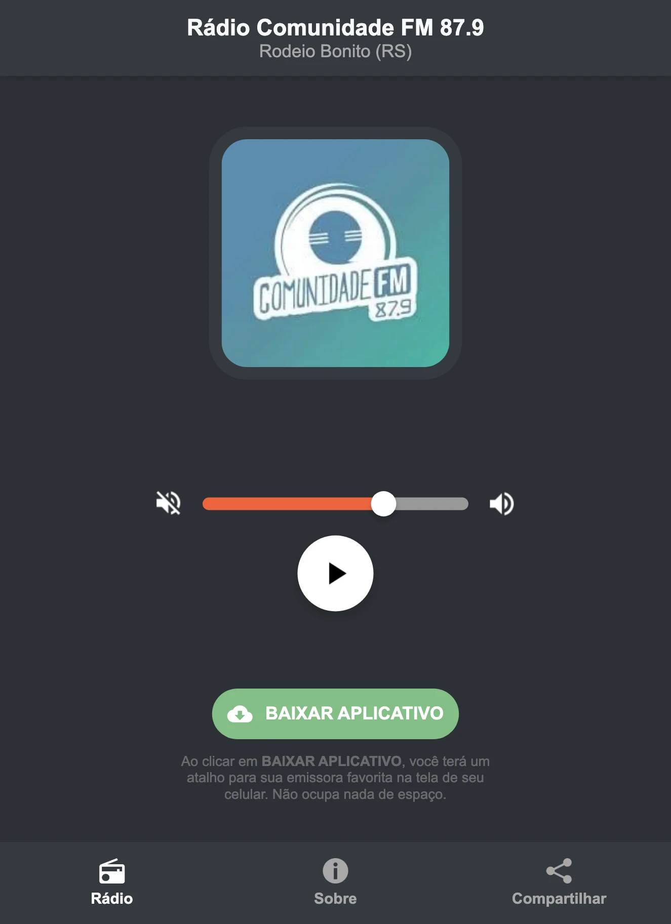 Screenshot do aplicativo da Rádio Comunidade FM 87.9