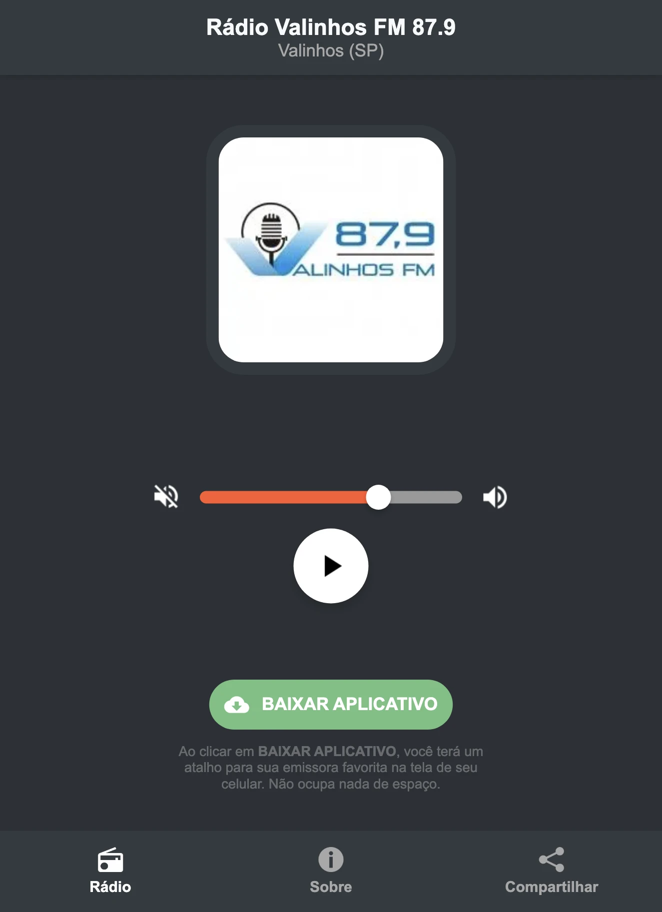 Screenshot do aplicativo da Rádio Valinhos FM 87.9