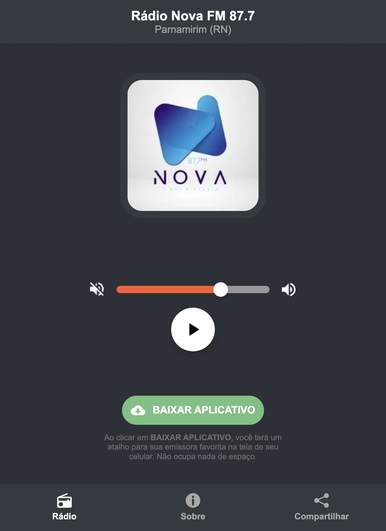 Screenshot do aplicativo da Rádio Nova FM 87.7