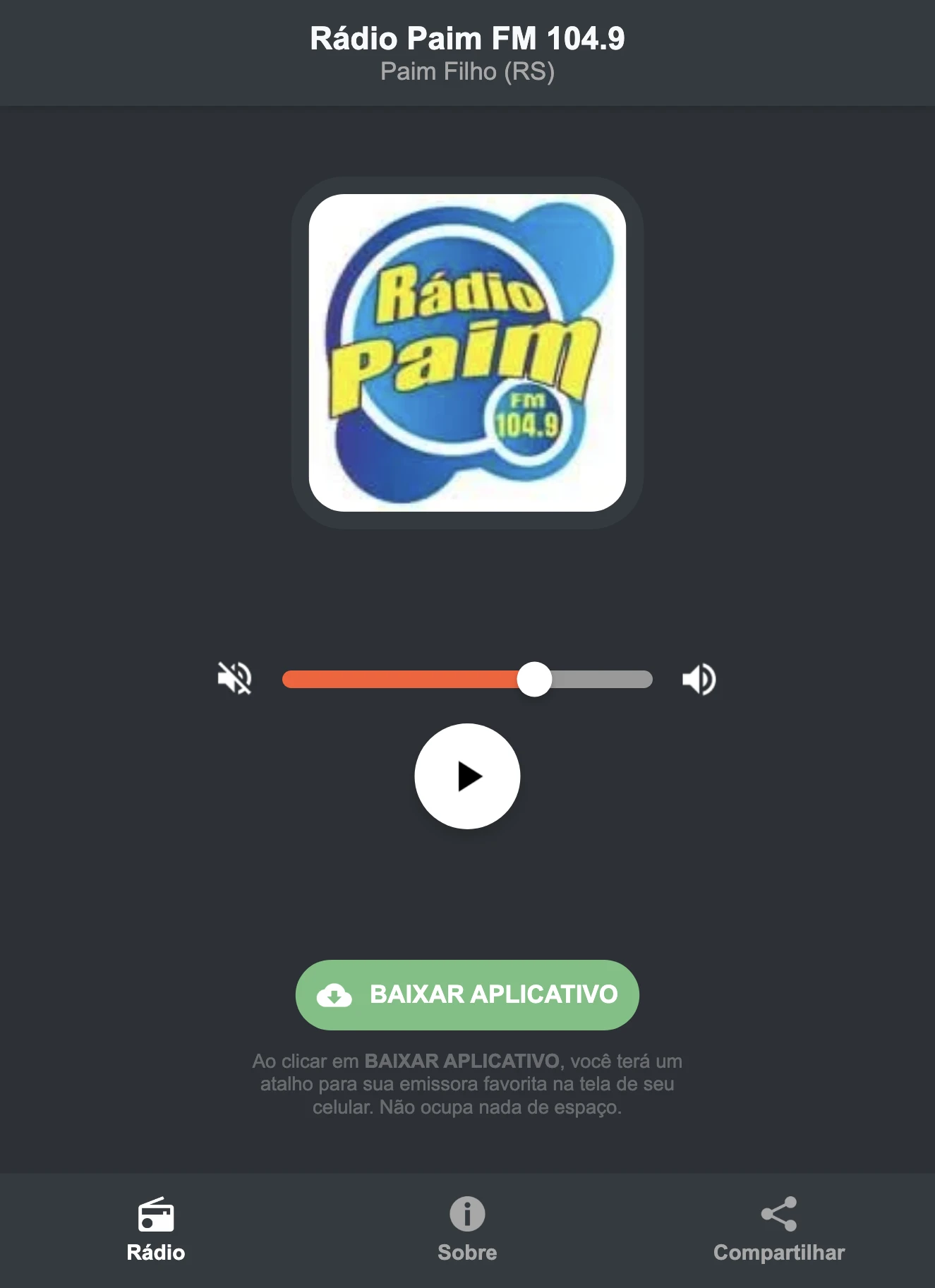 Screenshot do aplicativo da Rádio Paim FM 104.9