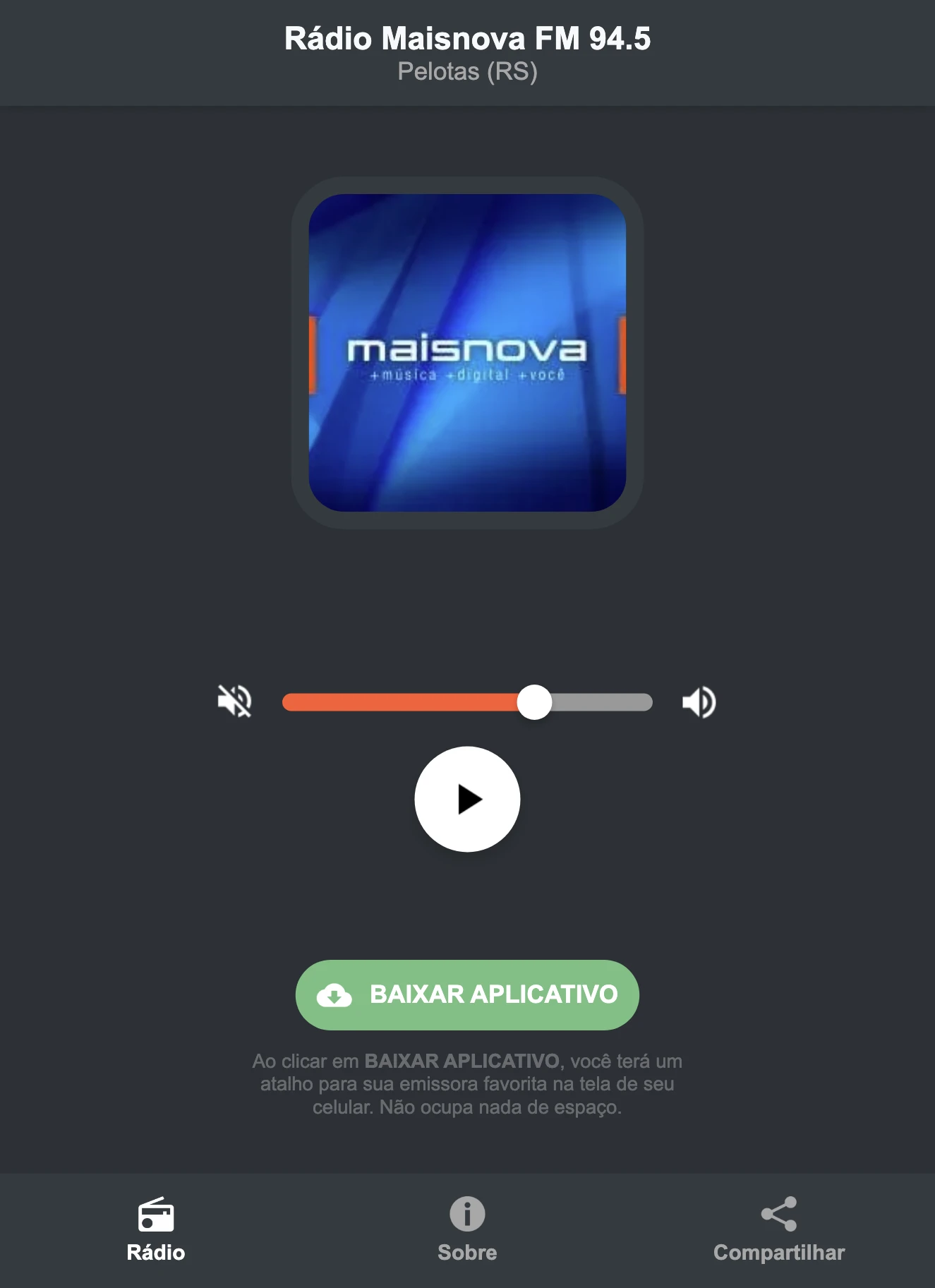 Screenshot do aplicativo da Rádio Maisnova FM 94.5