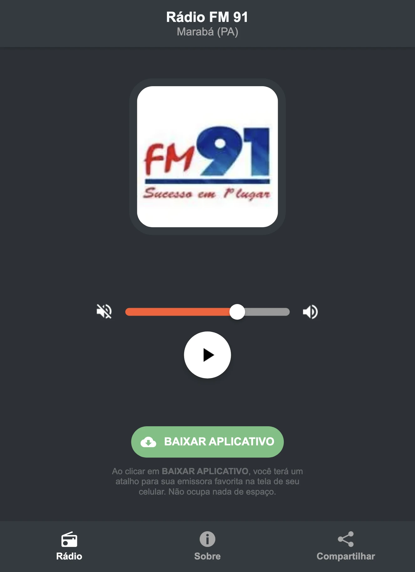 Screenshot do aplicativo da Rádio FM 91