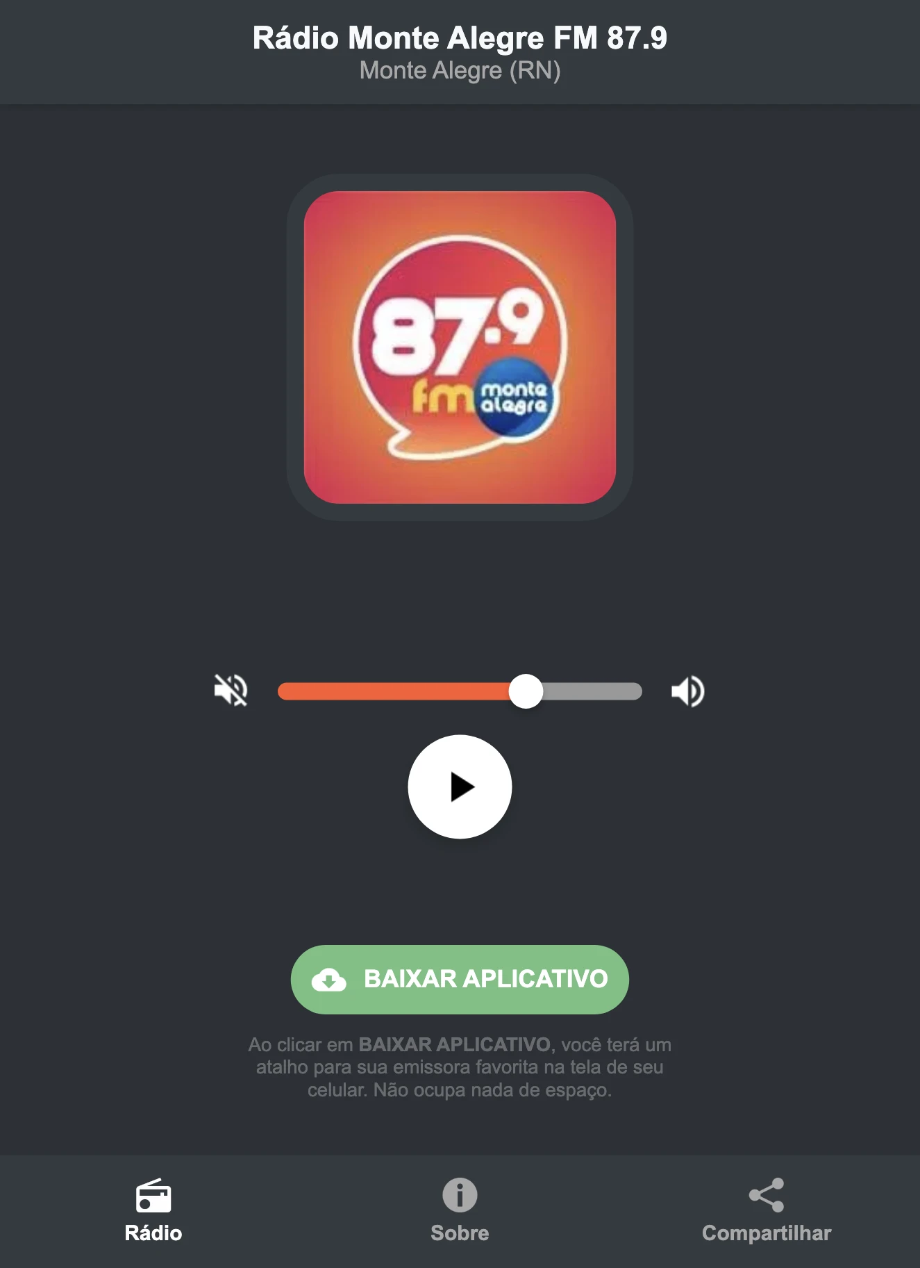 Screenshot do aplicativo da Rádio Monte Alegre FM 87.9