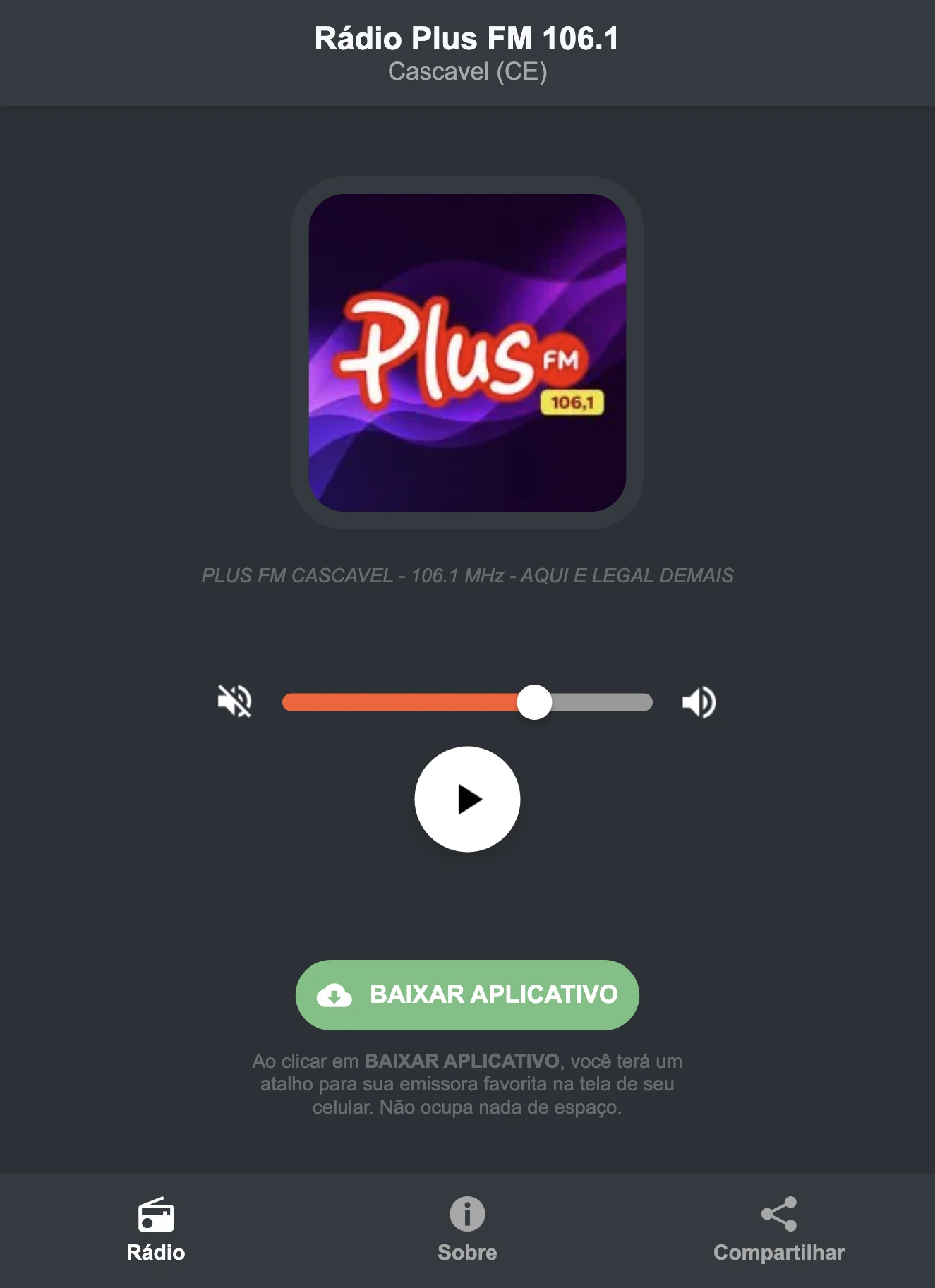 Screenshot do aplicativo da Rádio Plus FM 106.1