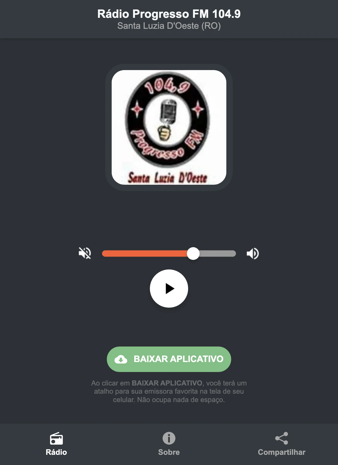 Screenshot do aplicativo da Rádio Progresso FM 104.9
