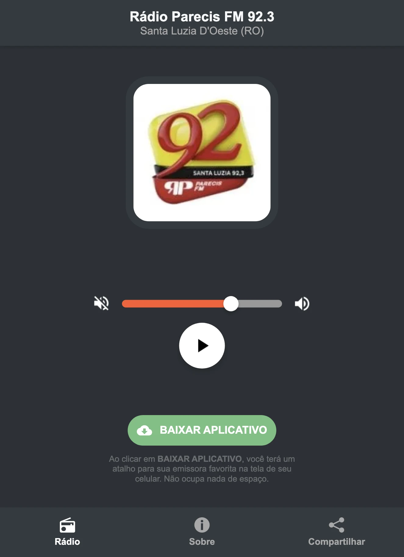 Screenshot do aplicativo da Rádio Parecis FM 92.3