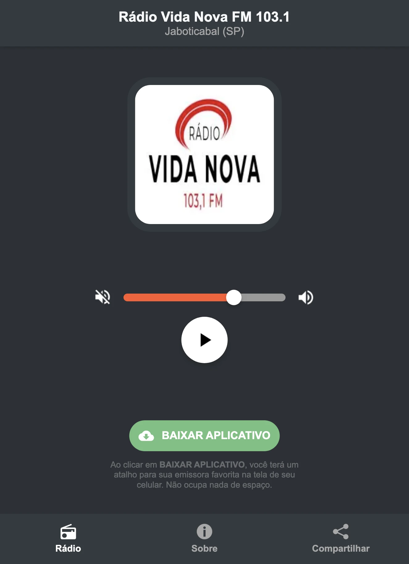 Screenshot do aplicativo da Rádio Vida Nova FM 103.1