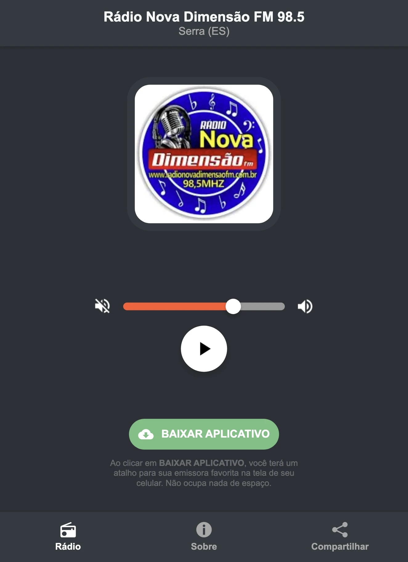 Screenshot do aplicativo da Rádio Nova Dimensão FM 98.5