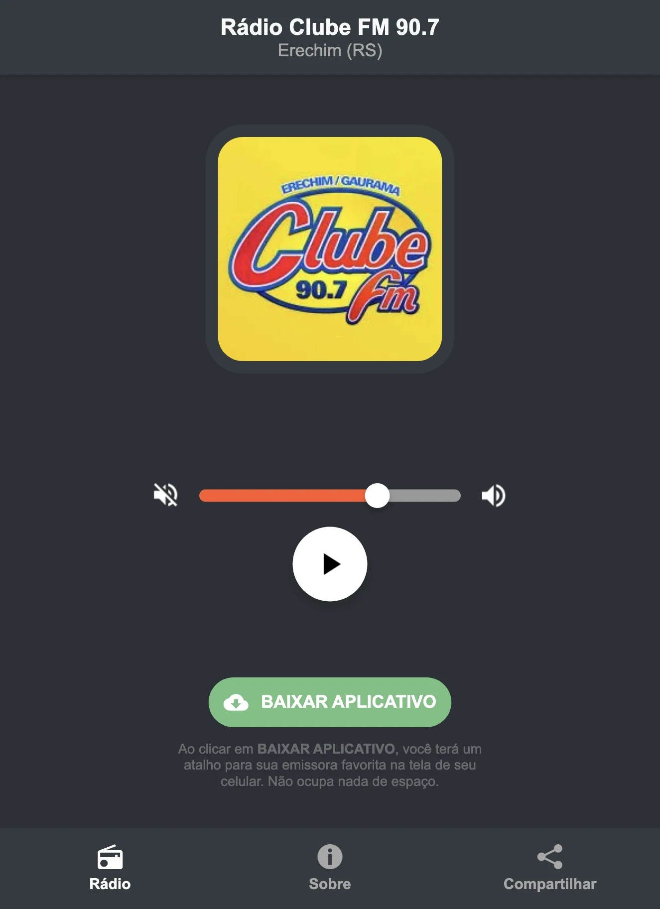 Screenshot do aplicativo da Rádio Clube FM 90.7