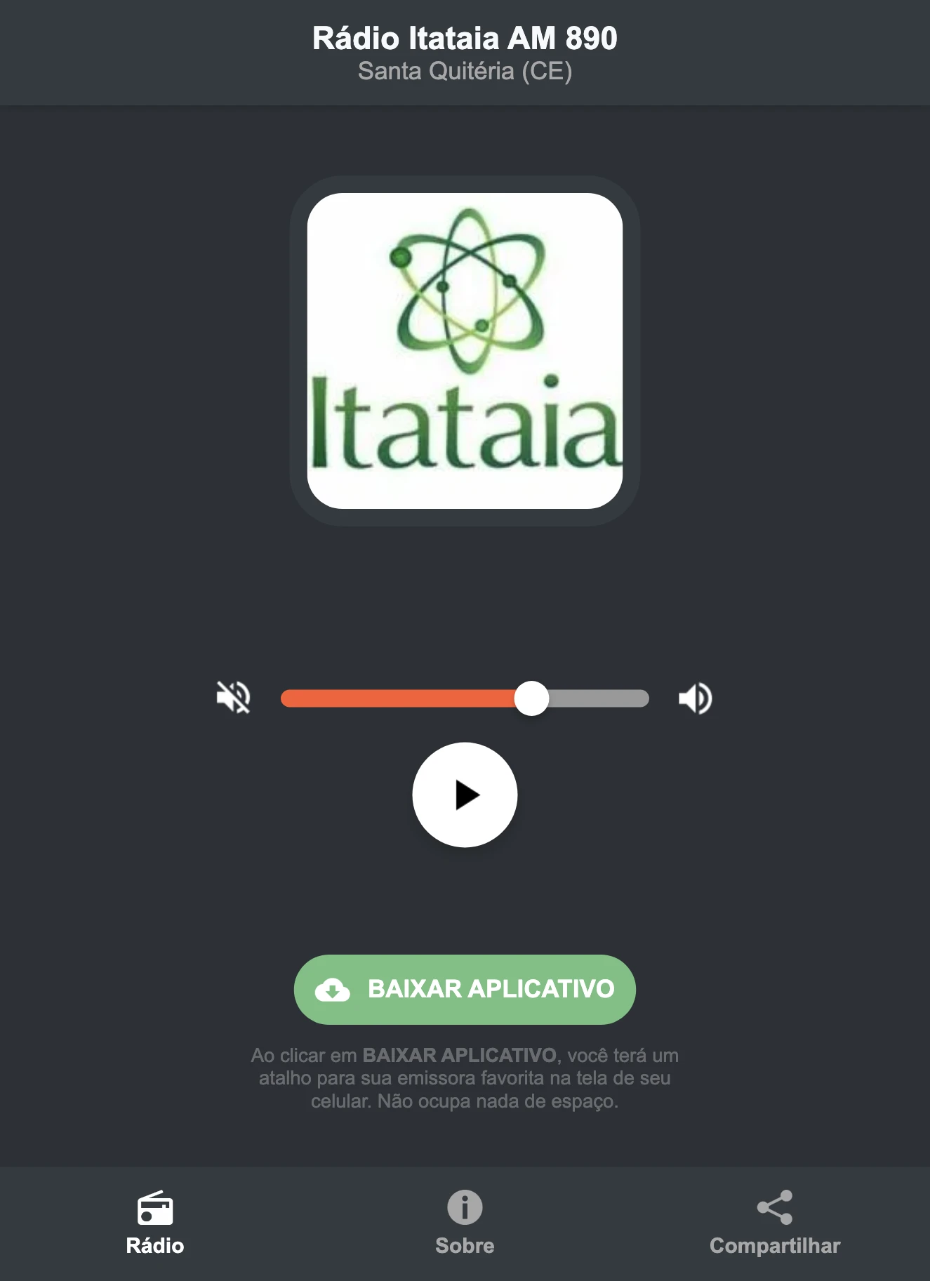 Screenshot do aplicativo da Rádio Itataia AM 890