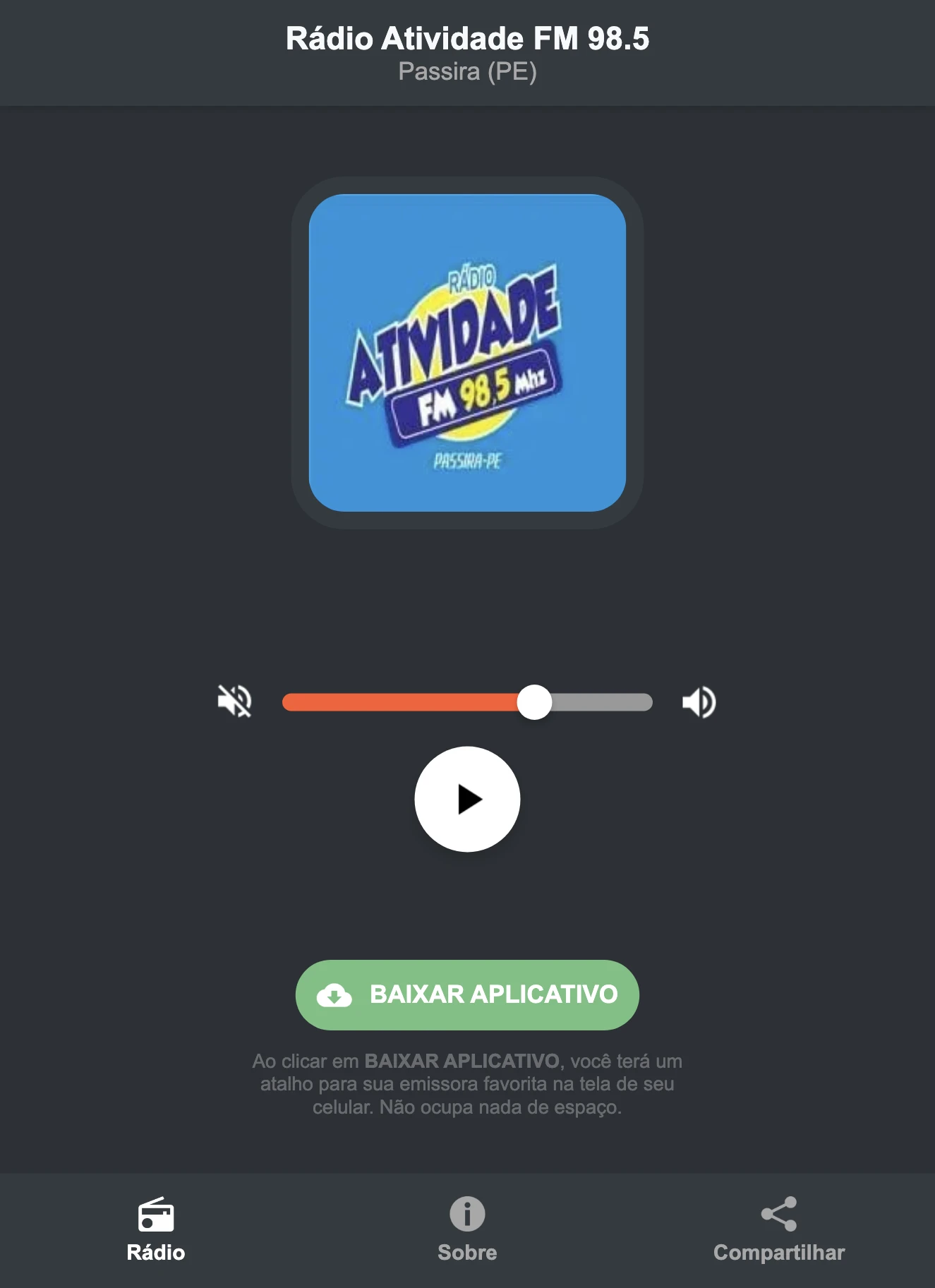Screenshot do aplicativo da Rádio Atividade FM 98.5
