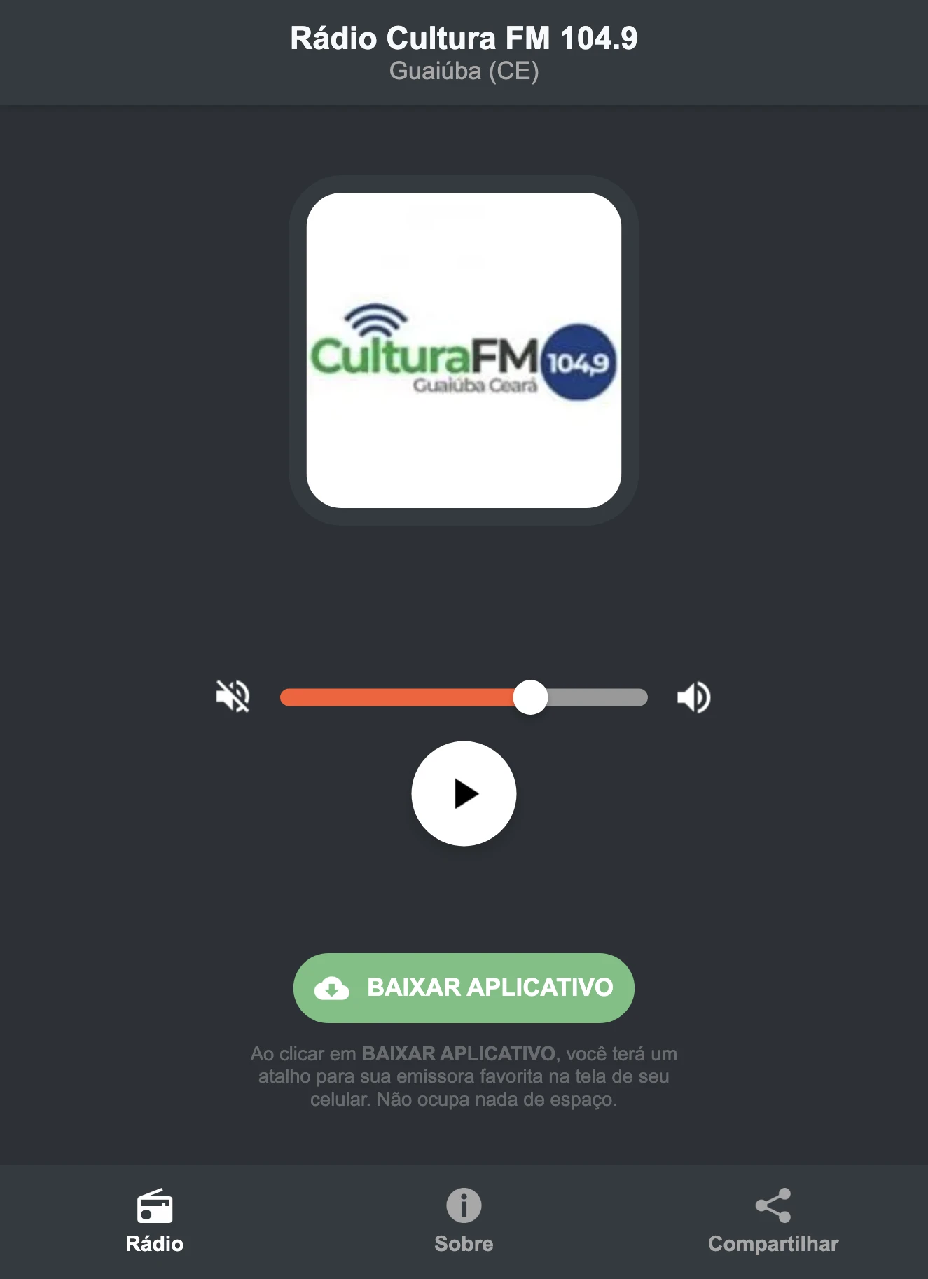 Screenshot do aplicativo da Rádio Cultura FM 104.9