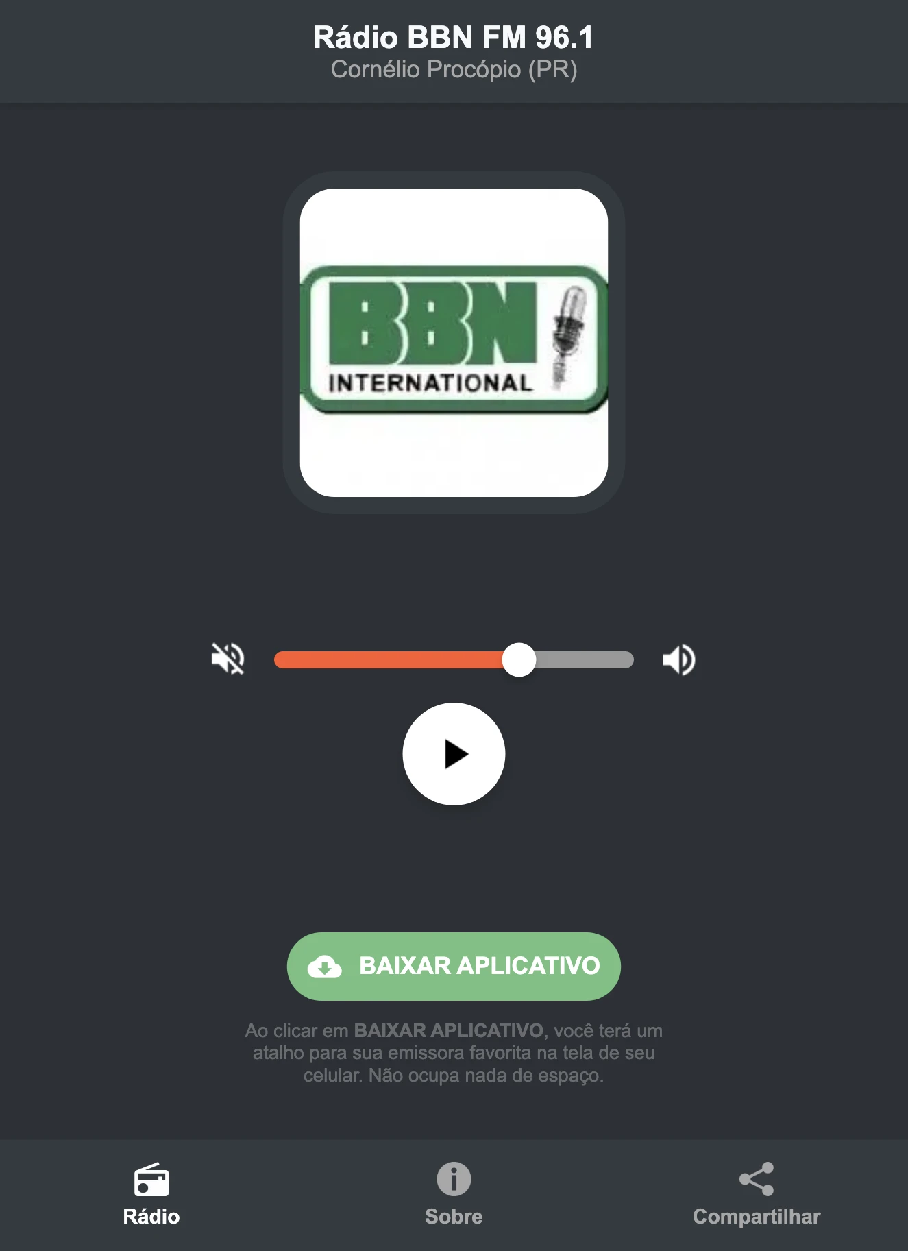 Screenshot do aplicativo da Rádio BBN FM 96.1