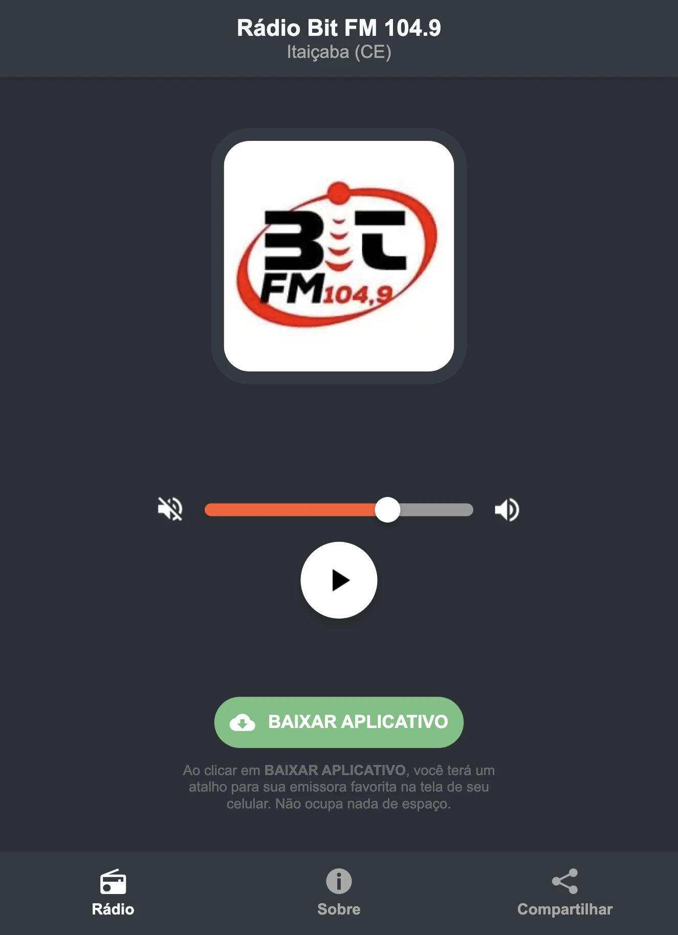 Screenshot do aplicativo da Rádio Bit FM 104.9