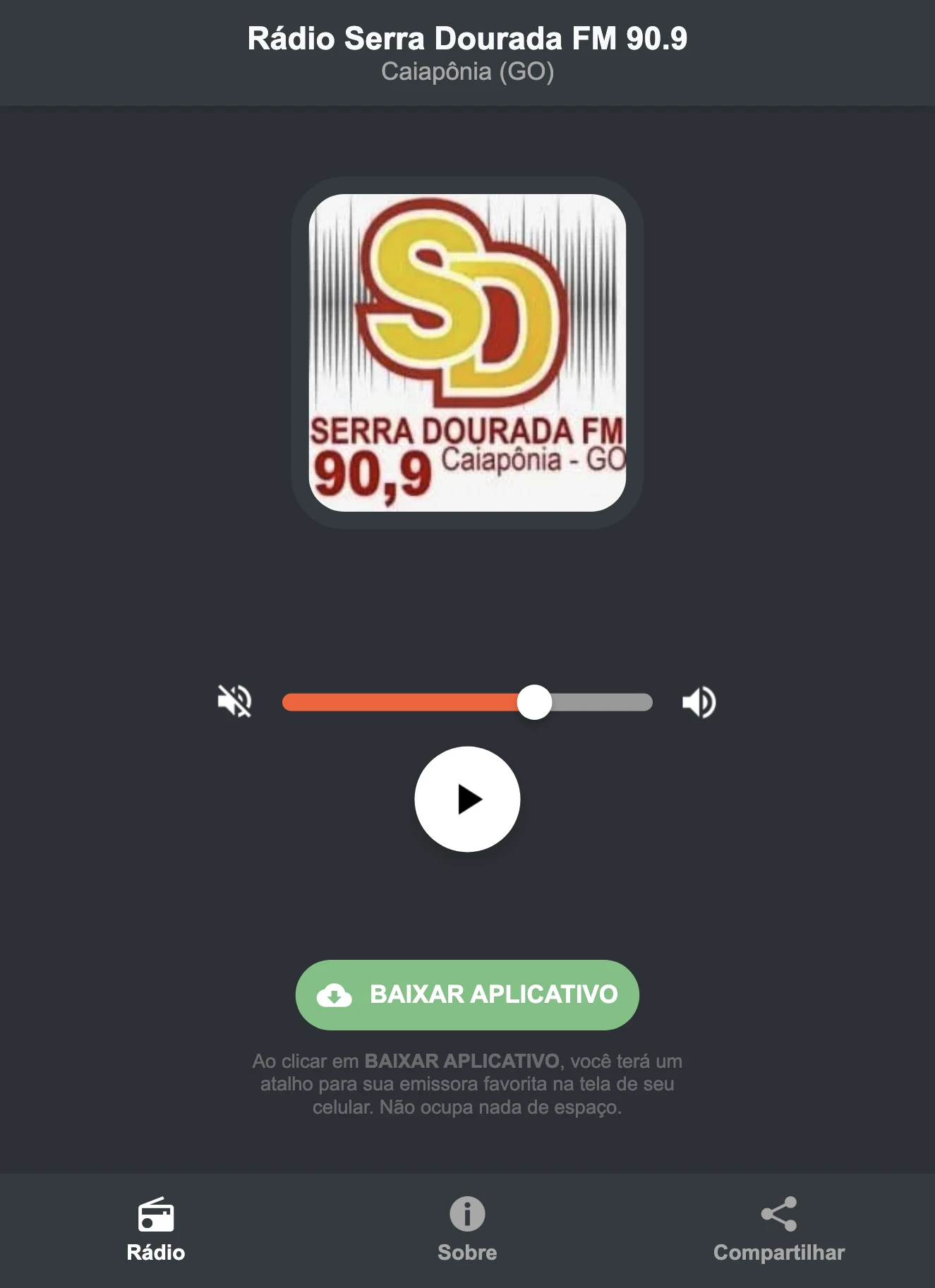 Screenshot do aplicativo da Rádio Serra Dourada FM 90.9