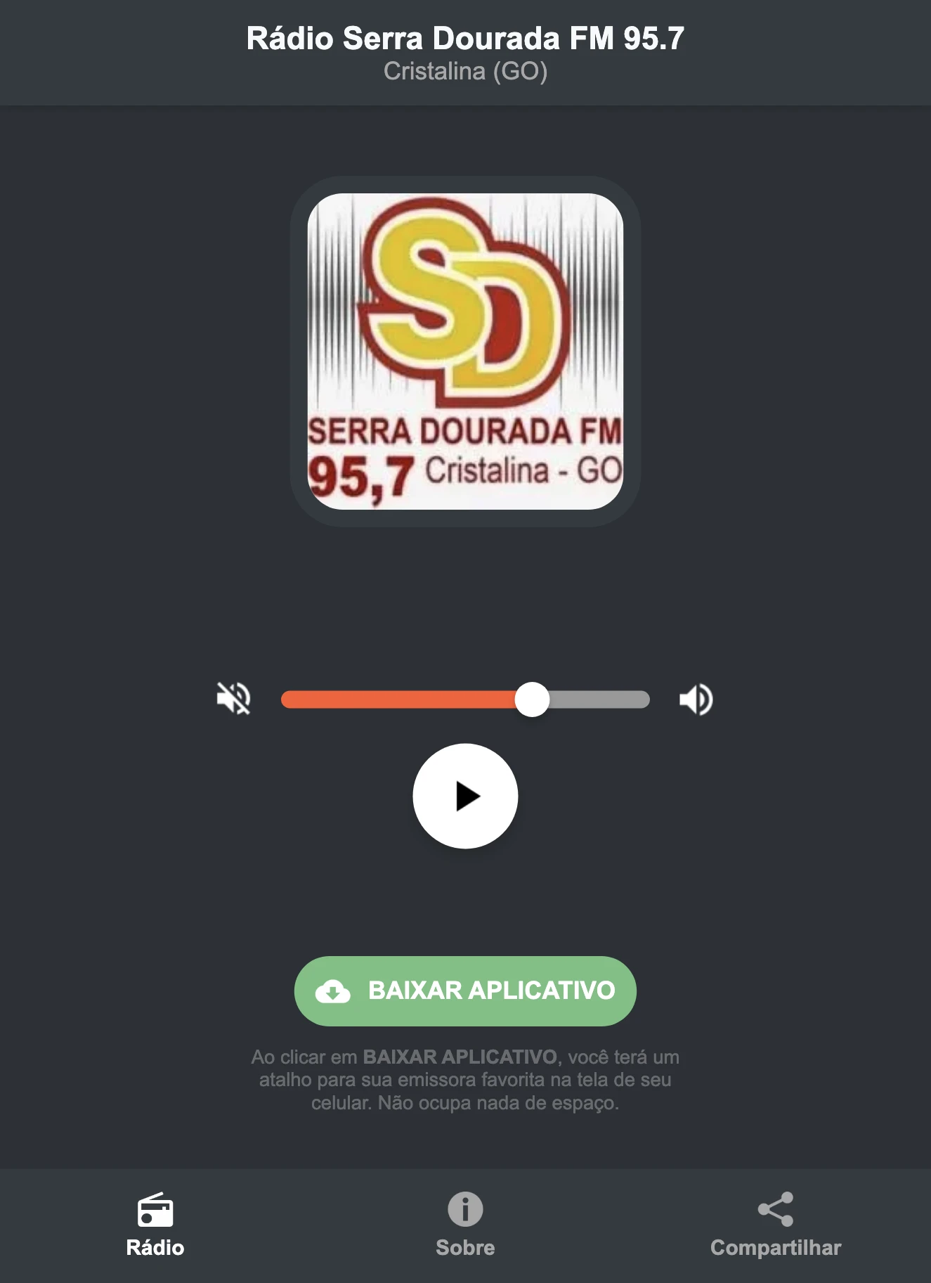 Screenshot do aplicativo da Rádio Serra Dourada FM 95.7