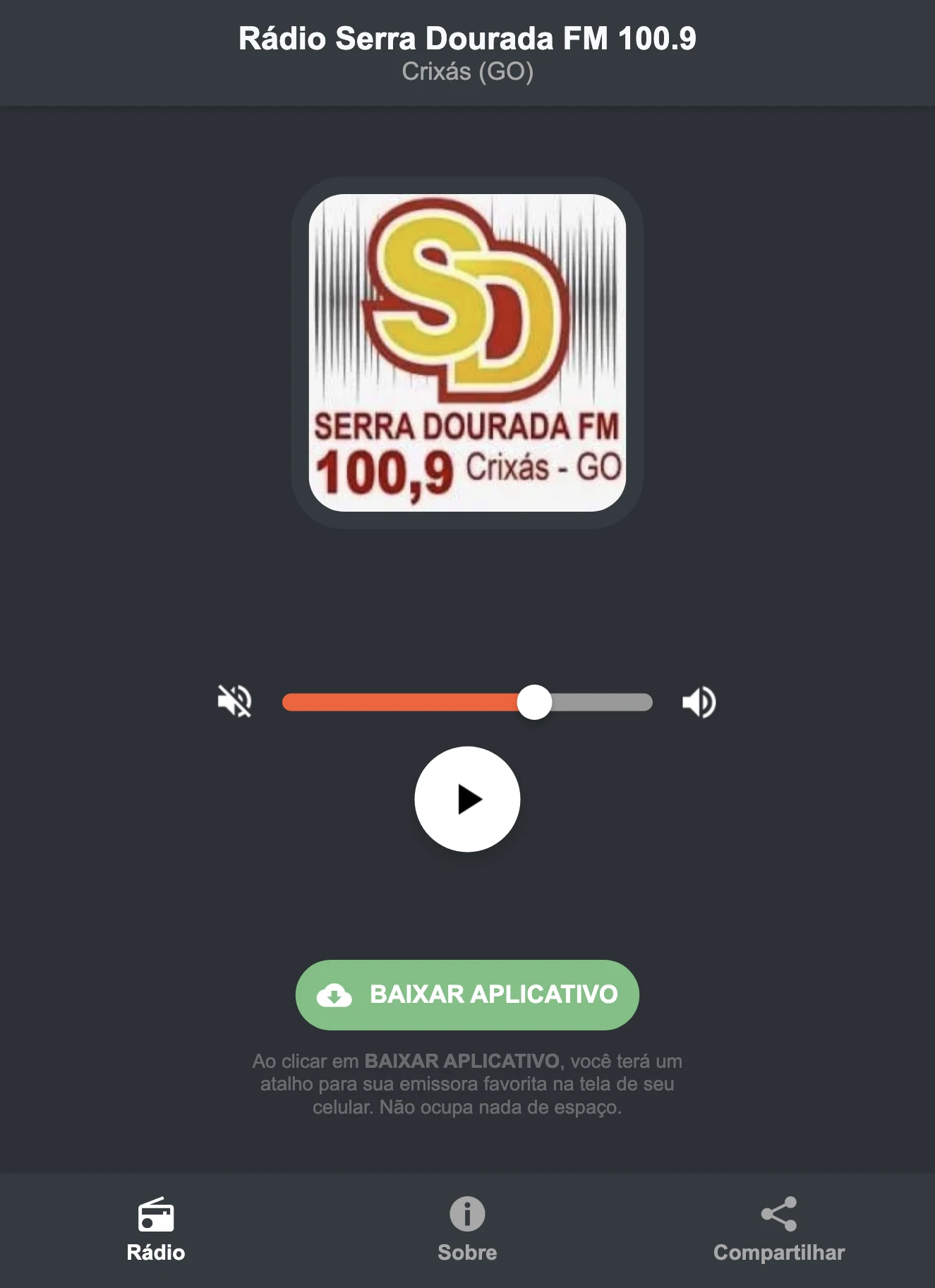 Screenshot do aplicativo da Rádio Serra Dourada FM 100.9
