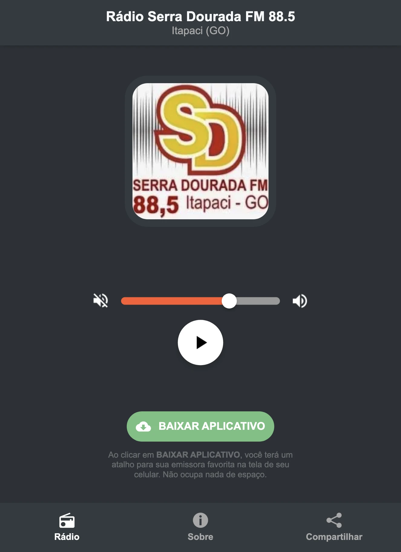 Screenshot do aplicativo da Rádio Serra Dourada FM 88.5