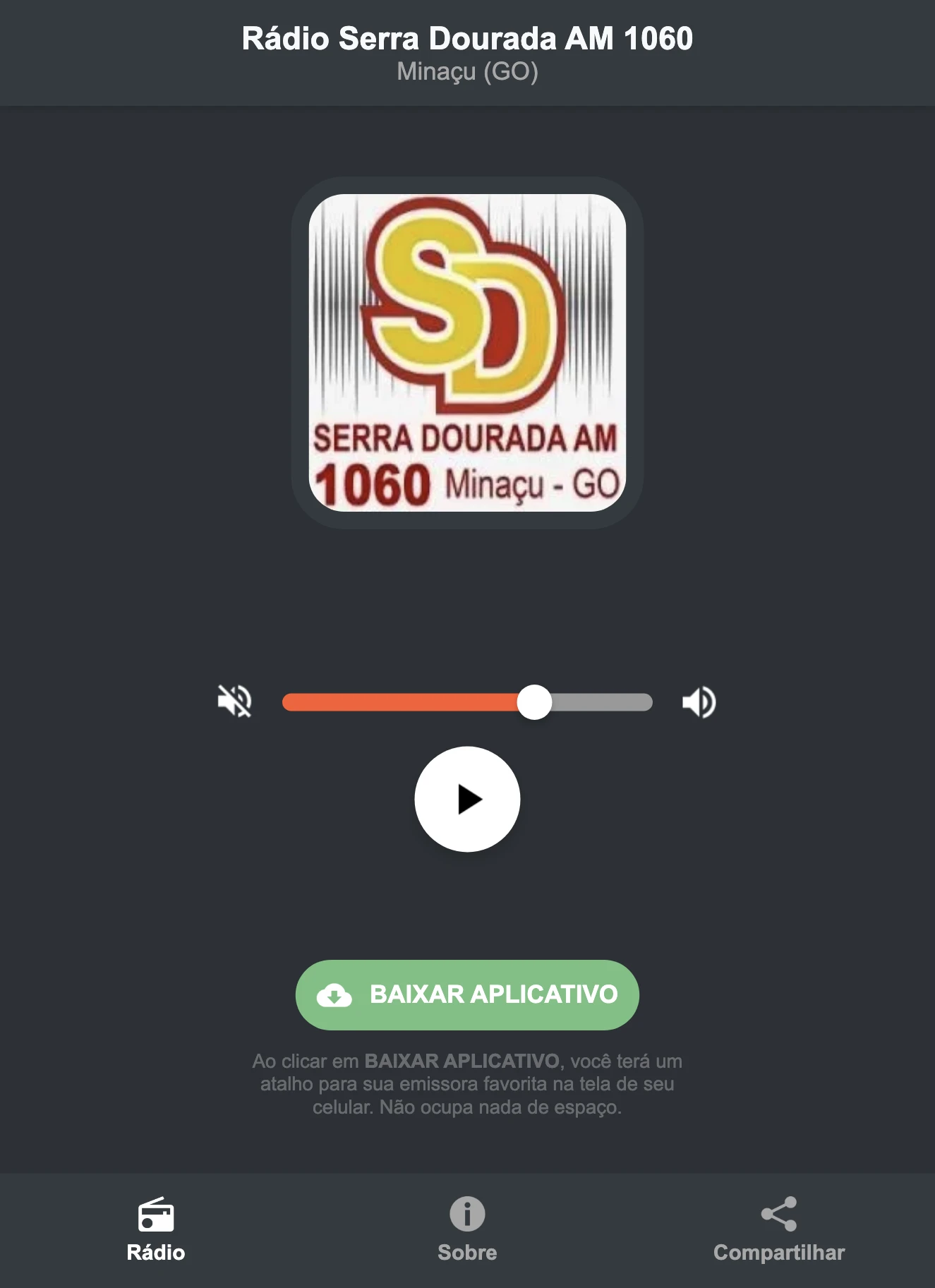 Screenshot do aplicativo da Rádio Serra Dourada AM 1060