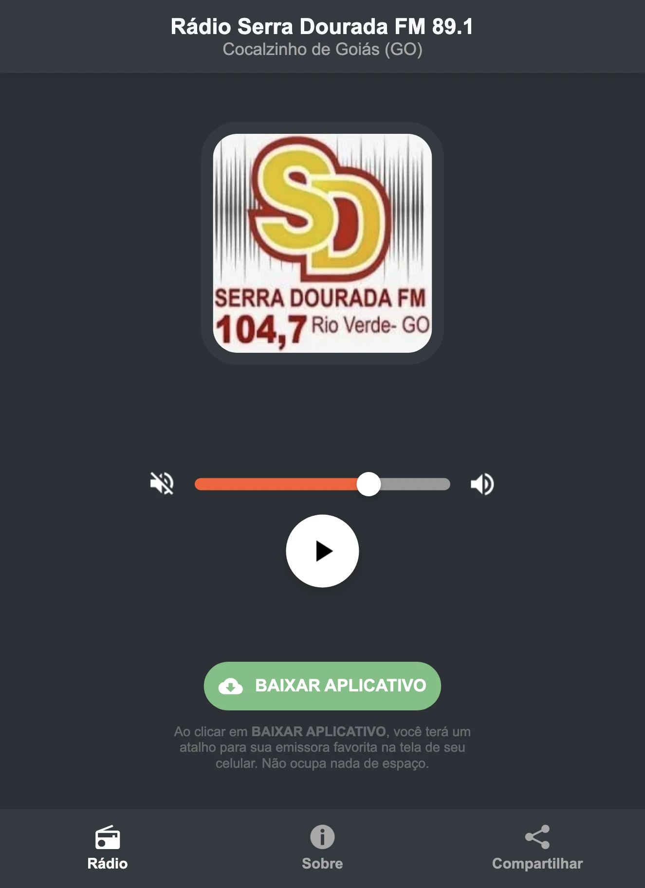 Screenshot do aplicativo da Rádio Serra Dourada FM 89.1