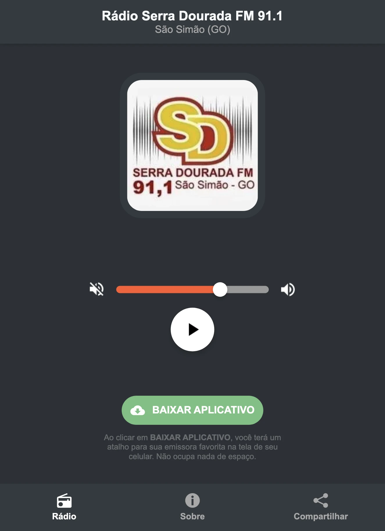 Screenshot do aplicativo da Rádio Serra Dourada FM 91.1