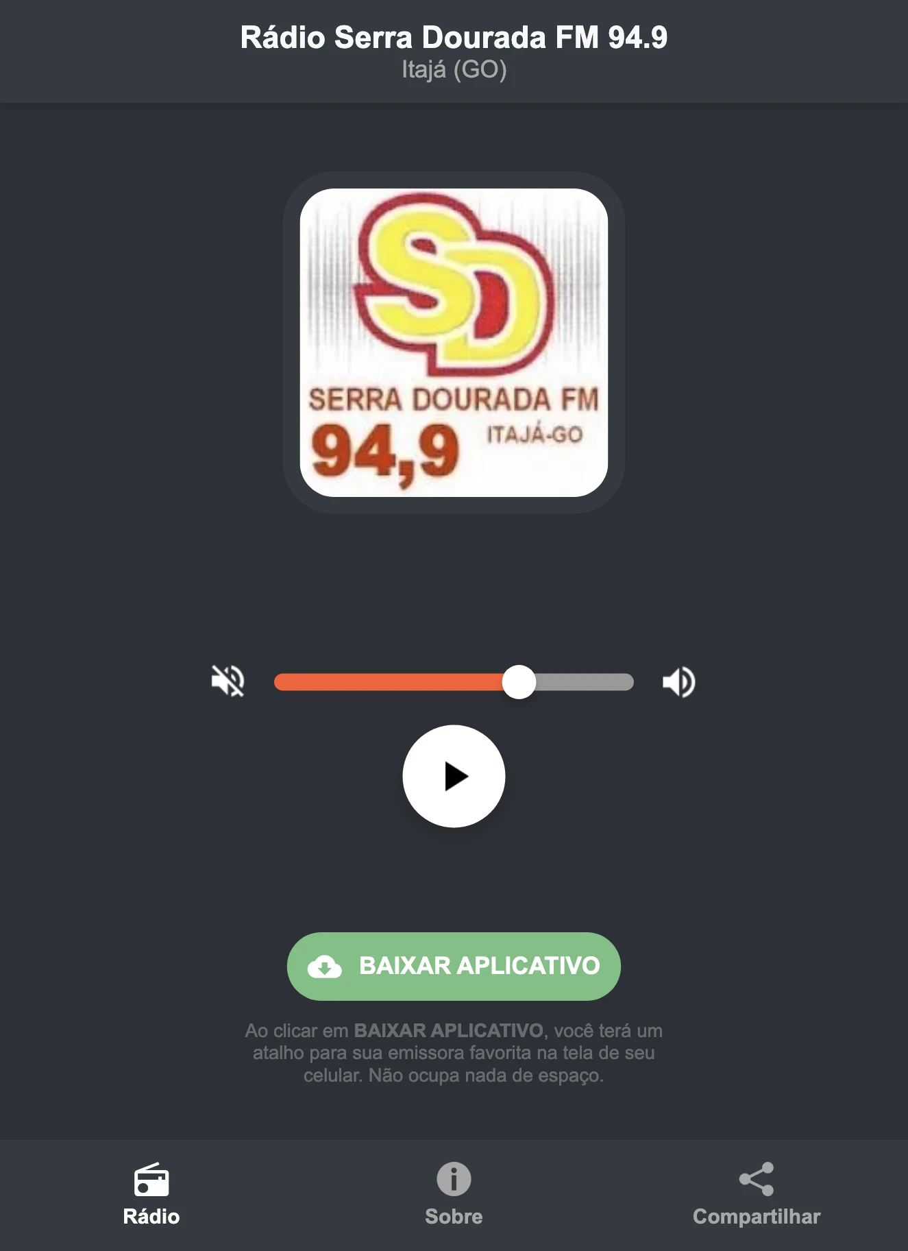 Screenshot do aplicativo da Rádio Serra Dourada FM 94.9