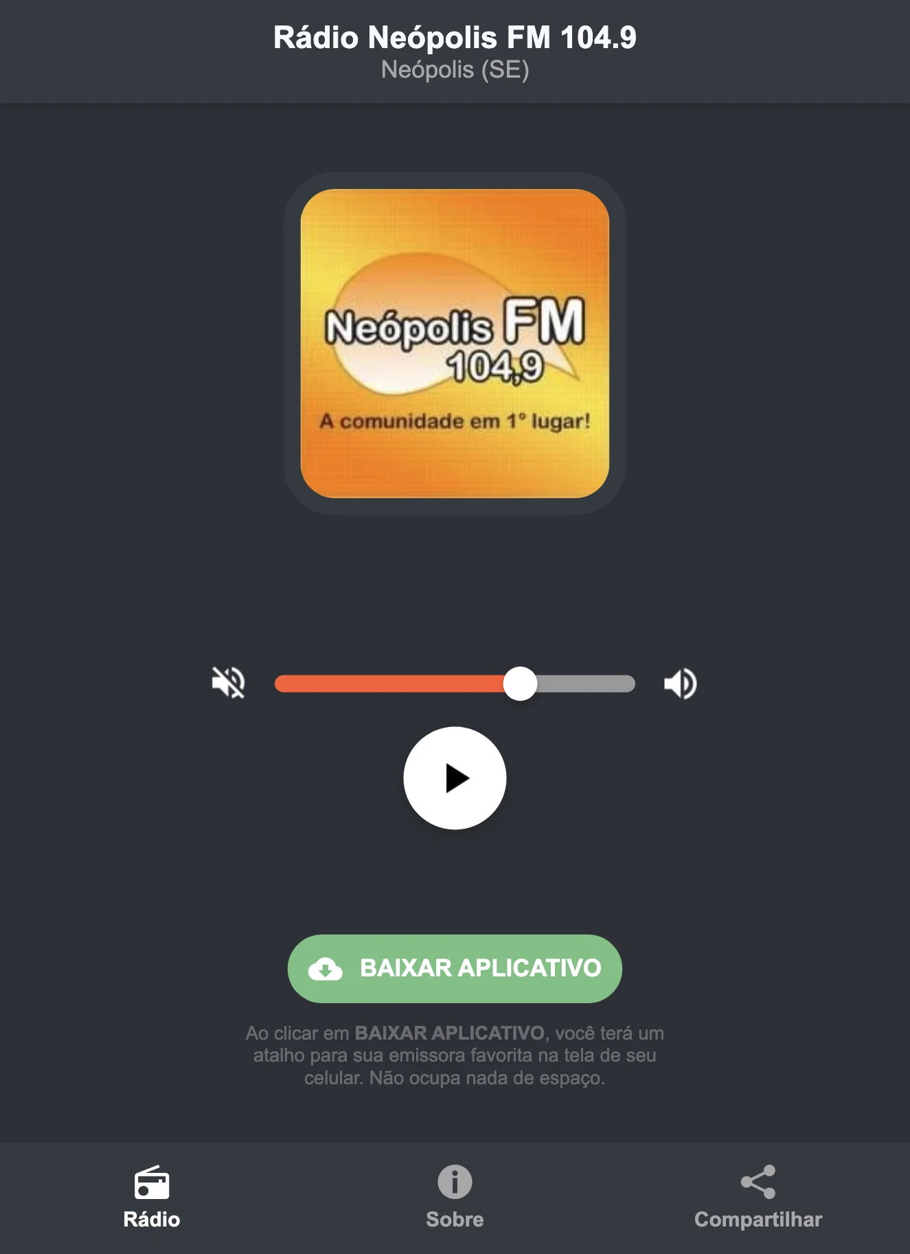 Screenshot do aplicativo da Rádio Neópolis FM 104.9