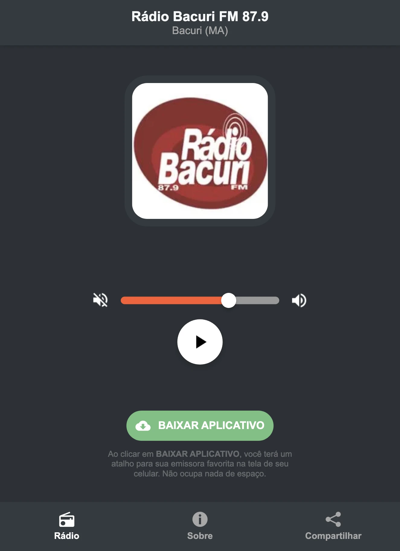 Screenshot do aplicativo da Rádio Bacuri FM 87.9