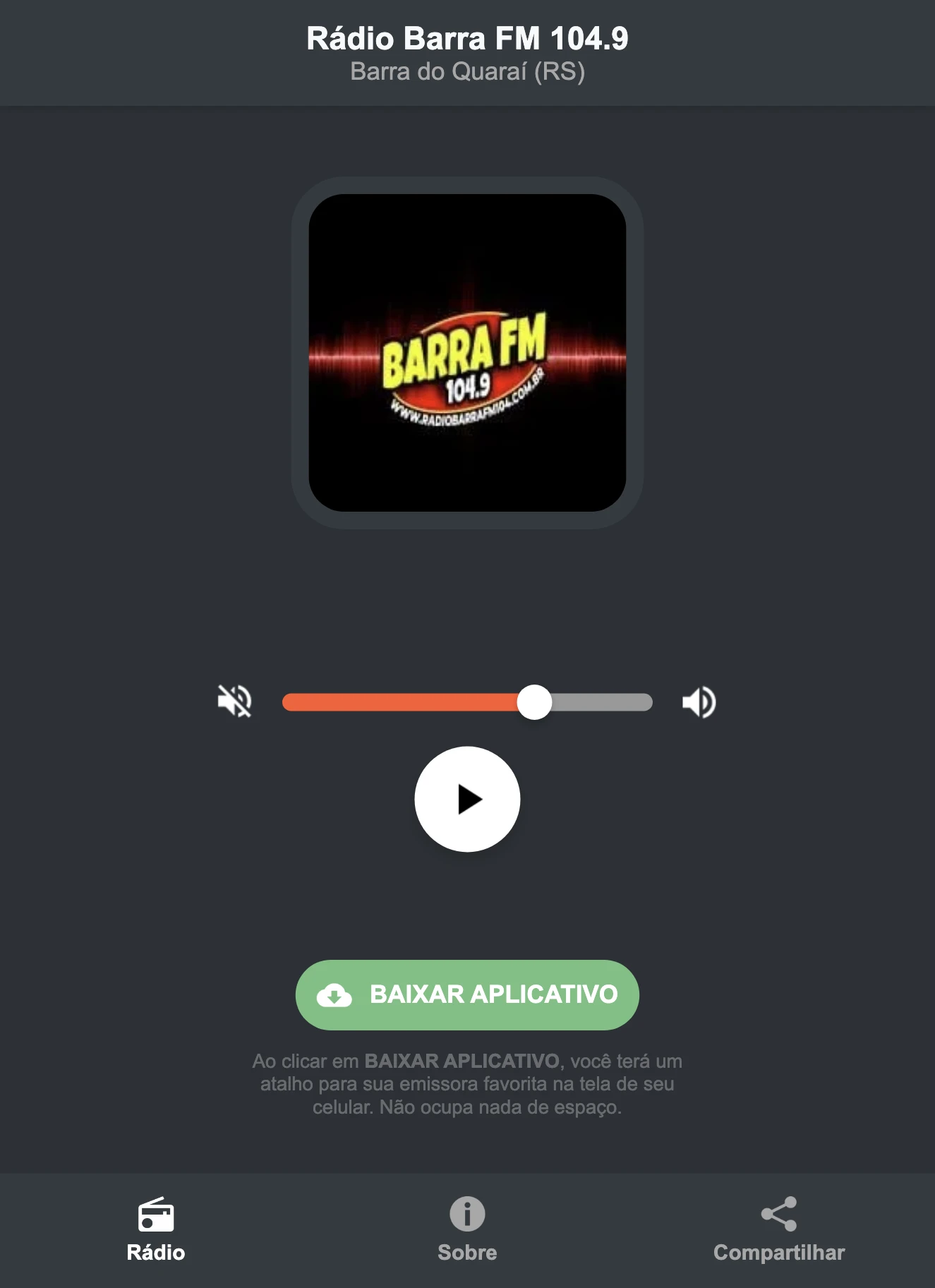 Screenshot do aplicativo da Rádio Barra FM 104.9