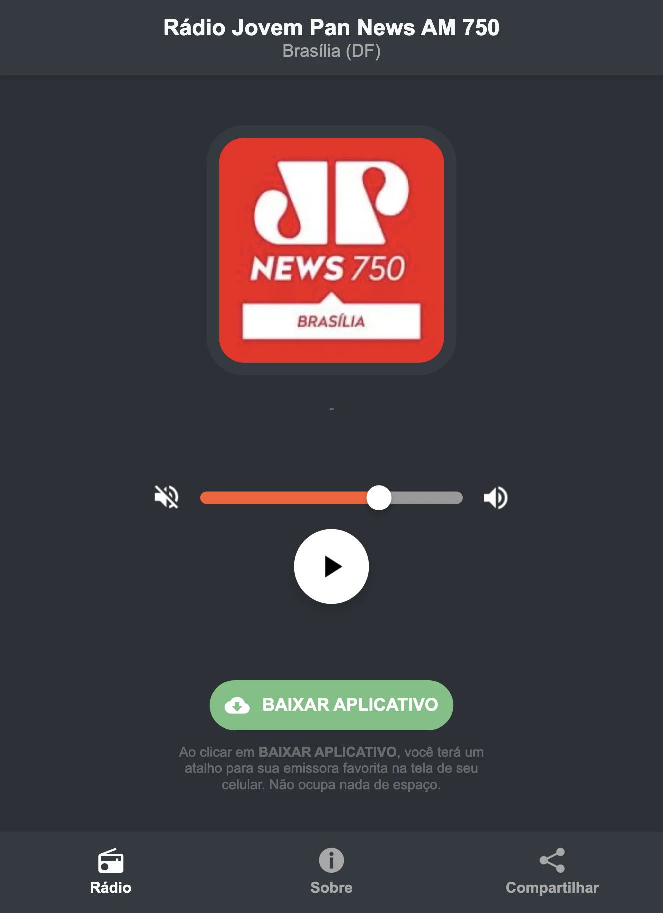 Screenshot do aplicativo da Rádio Jovem Pan News AM 750