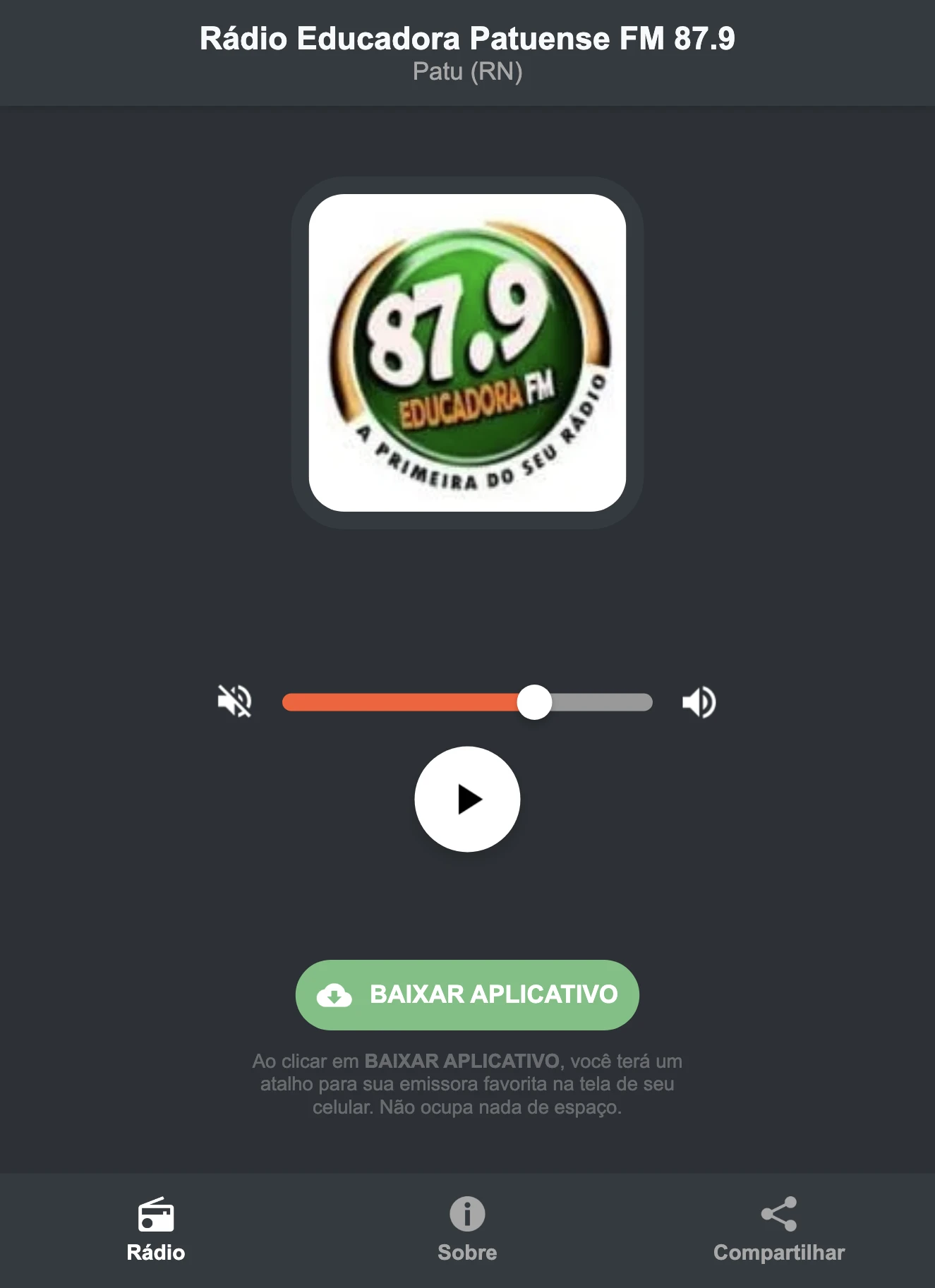 Screenshot do aplicativo da Rádio Educadora Patuense FM 87.9