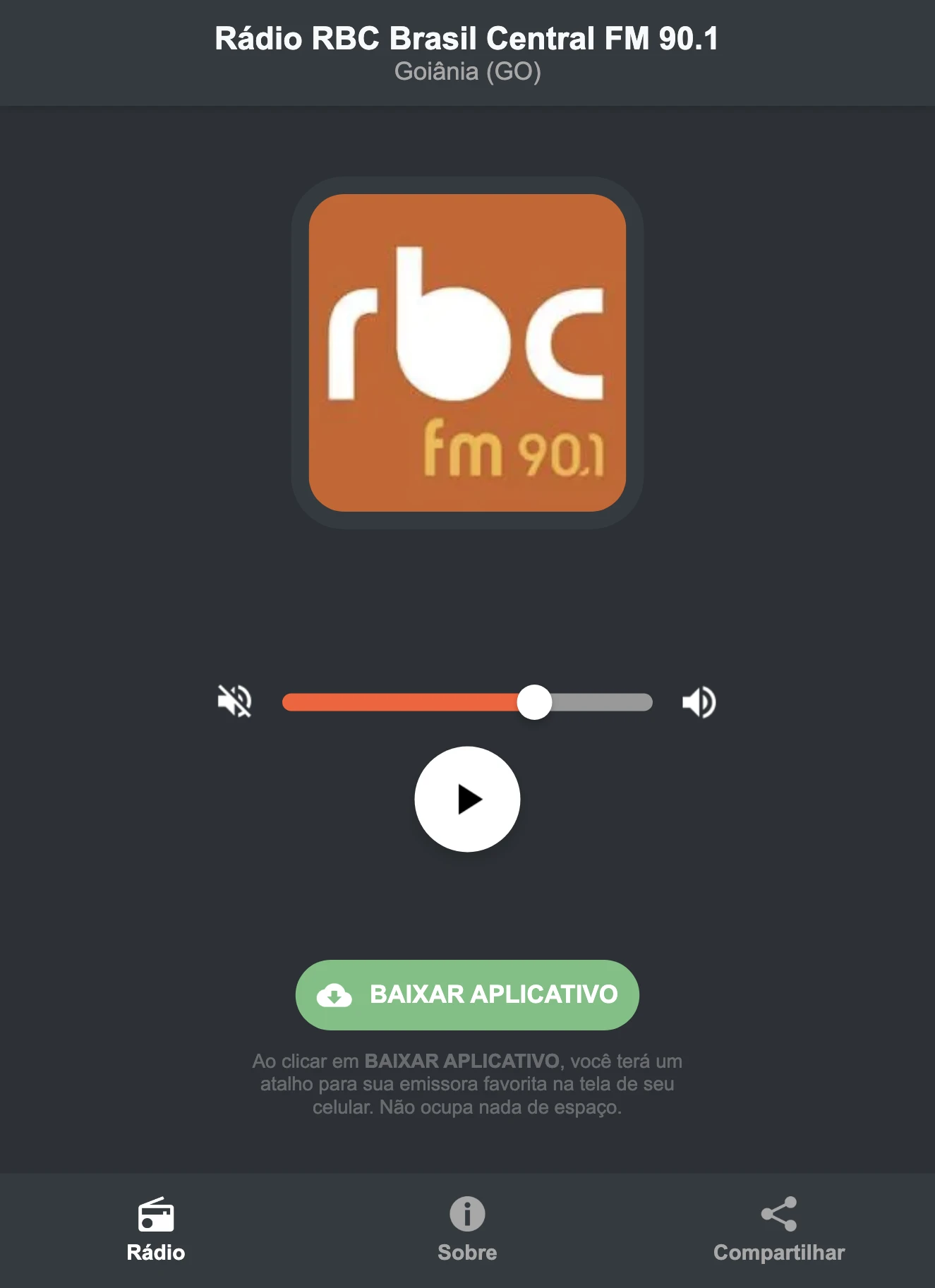 Screenshot do aplicativo da Rádio RBC Brasil Central FM 90.1