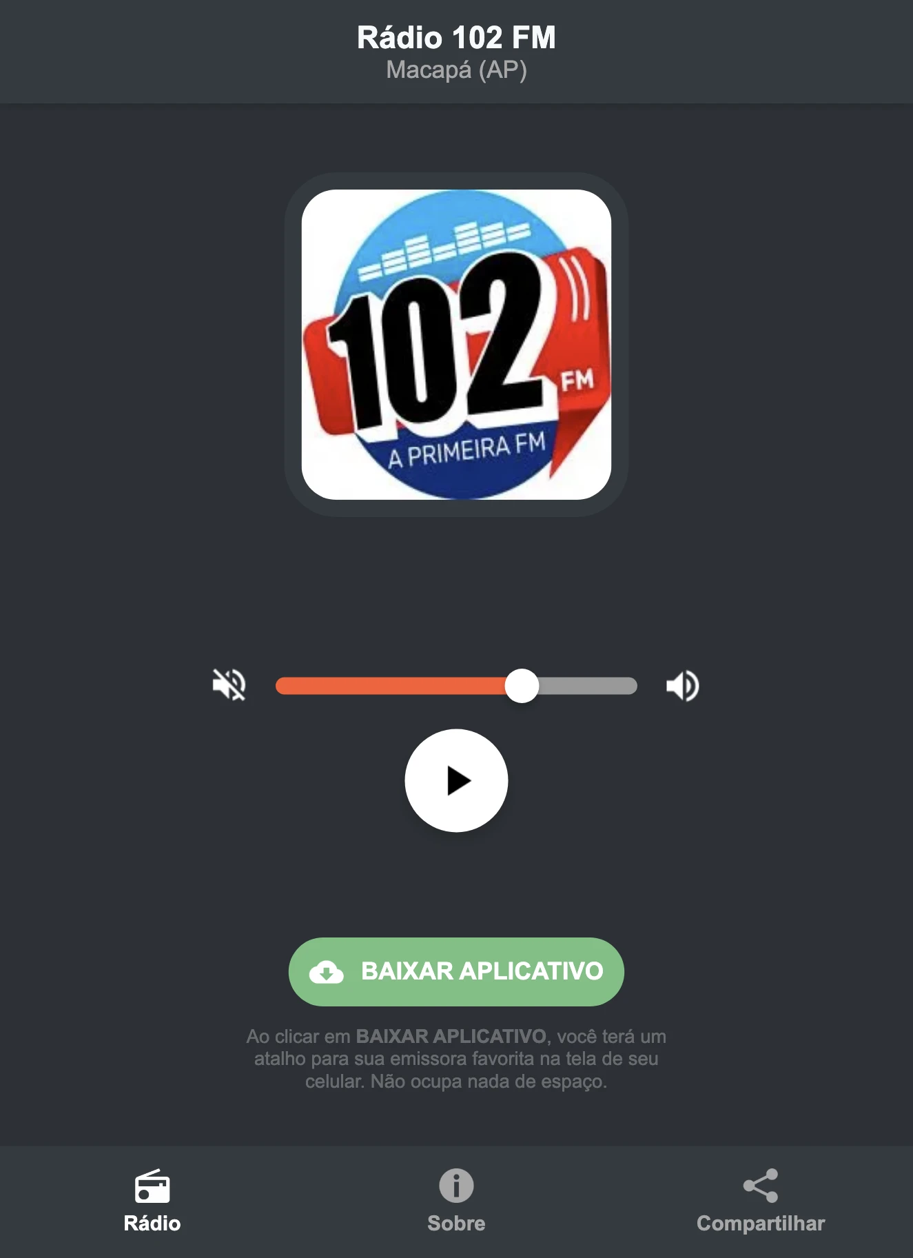 Screenshot do aplicativo da Rádio 102 FM