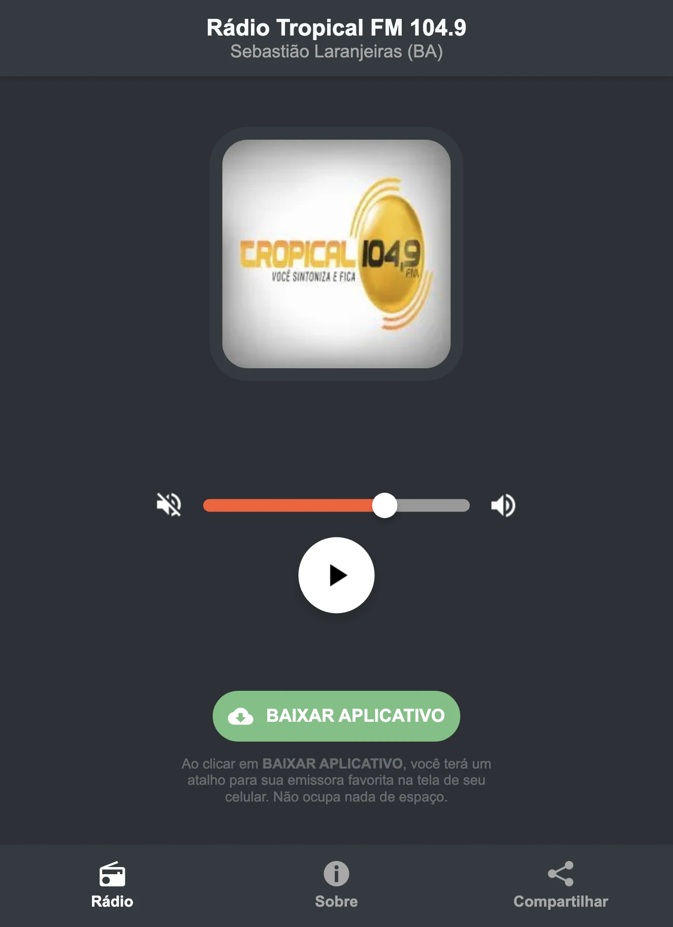 Screenshot do aplicativo da Rádio Tropical FM 104.9