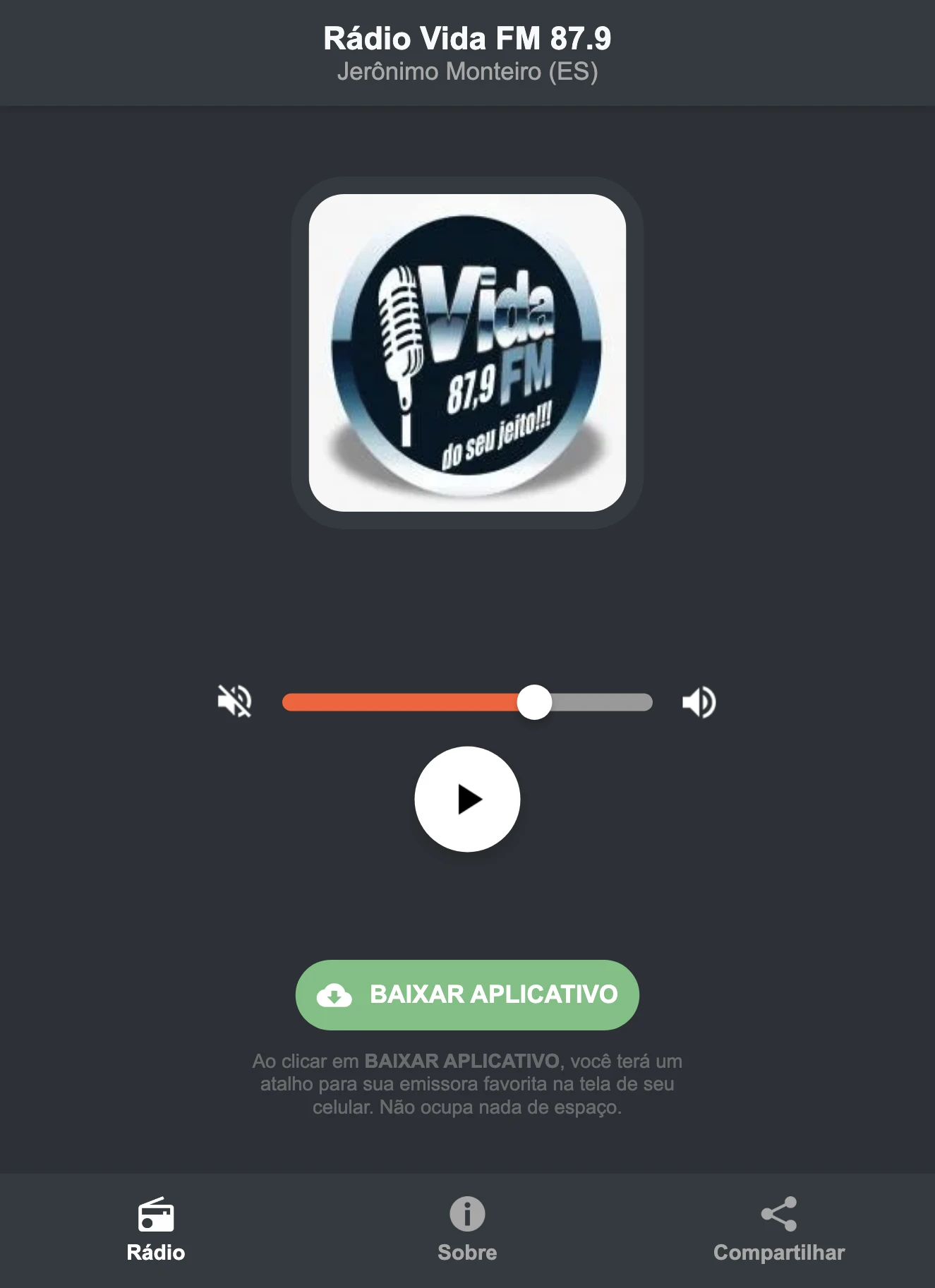 Screenshot do aplicativo da Rádio Vida FM 87.9