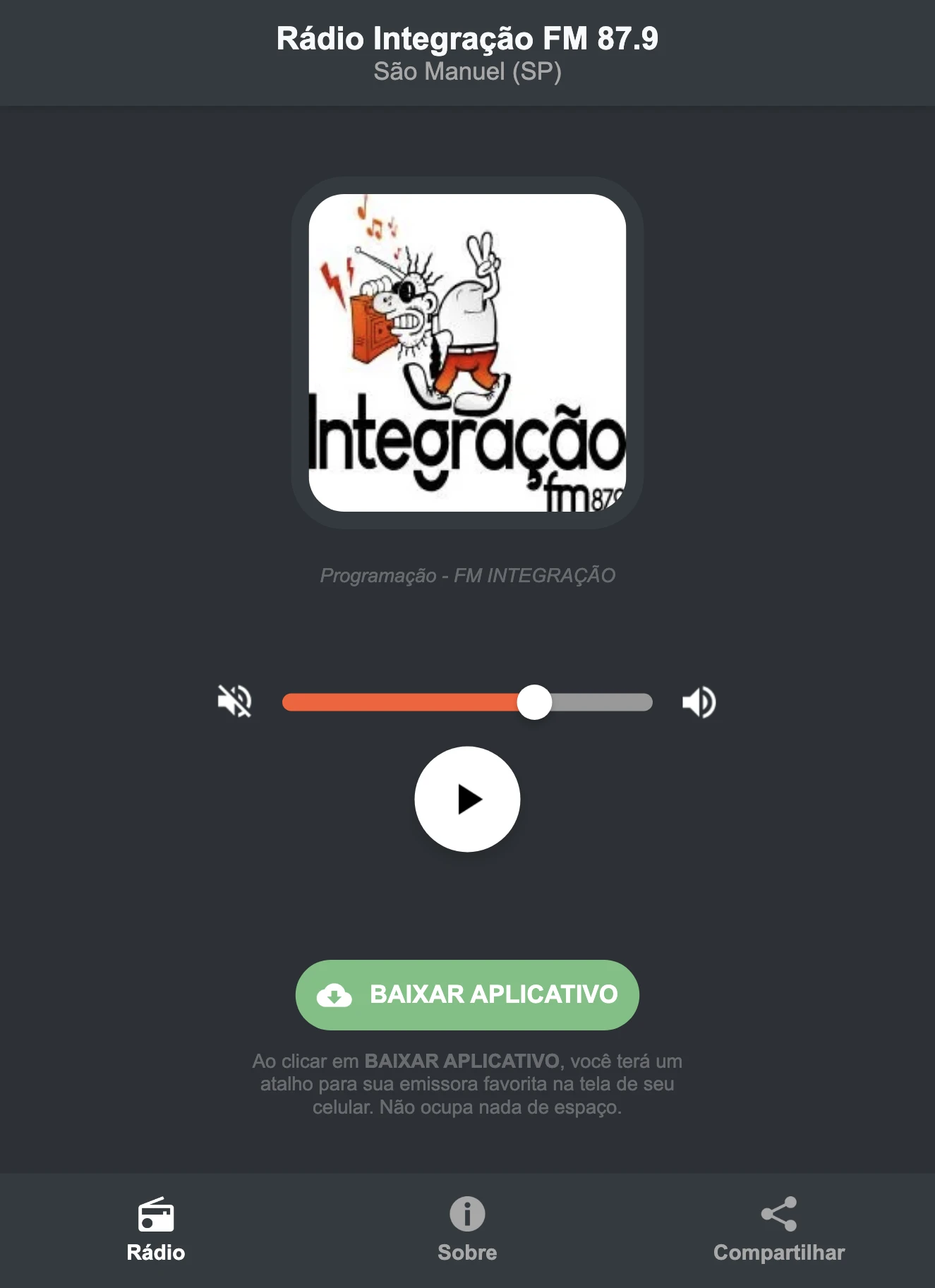 Screenshot do aplicativo da Rádio Integração FM 87.9