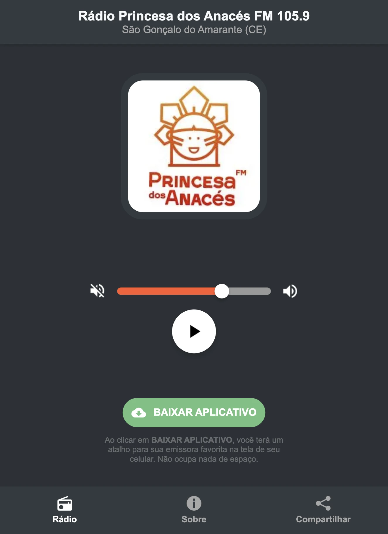 Screenshot do aplicativo da Rádio Princesa dos Anacés FM 105.9